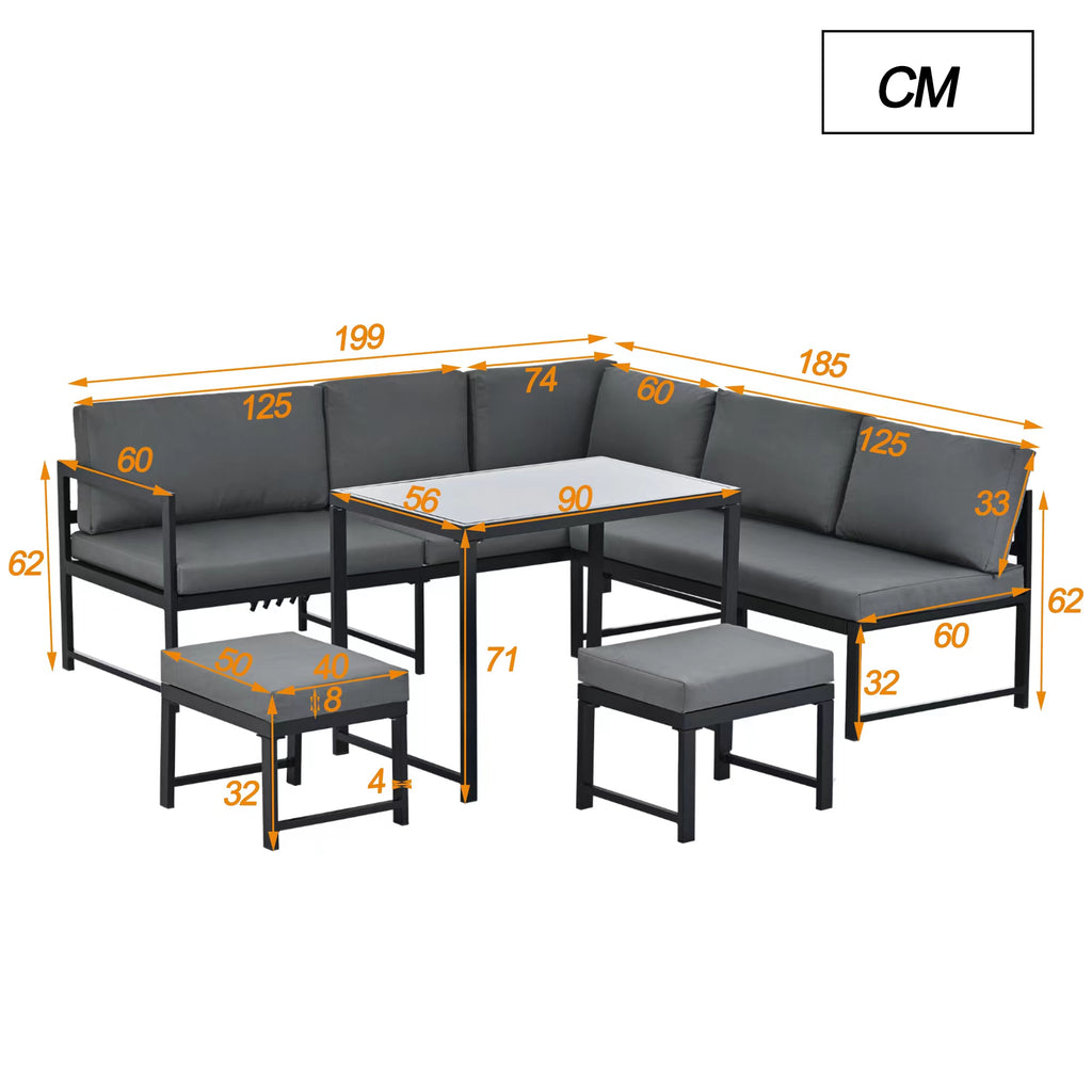 Garden Furniture Set, Aluminium seating group for garden balcony , with reclining function, 4th gear adjustable backrest, table with safety glass top, incl. soft seat and back cushions, Grey