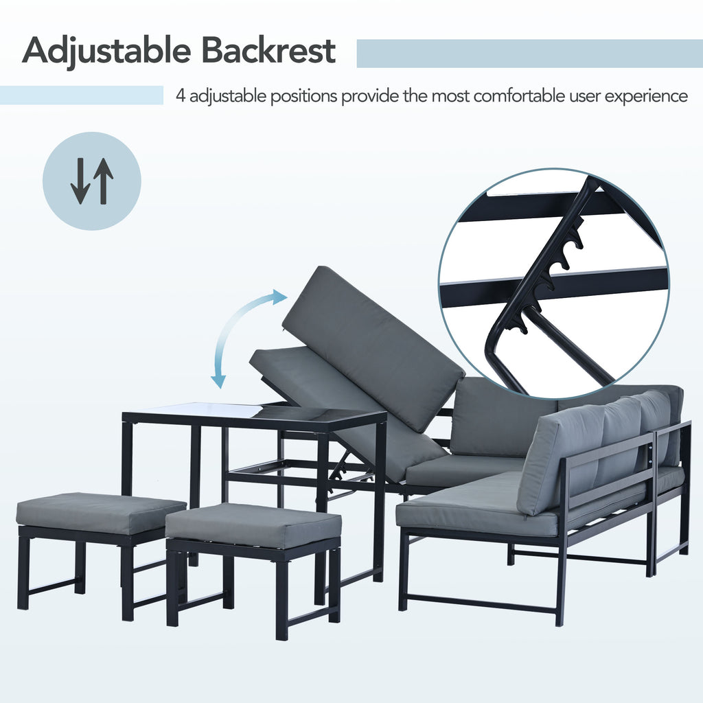 Garden Furniture Set, Aluminium seating group for garden balcony , with reclining function, 4th gear adjustable backrest, table with safety glass top, incl. soft seat and back cushions, Grey