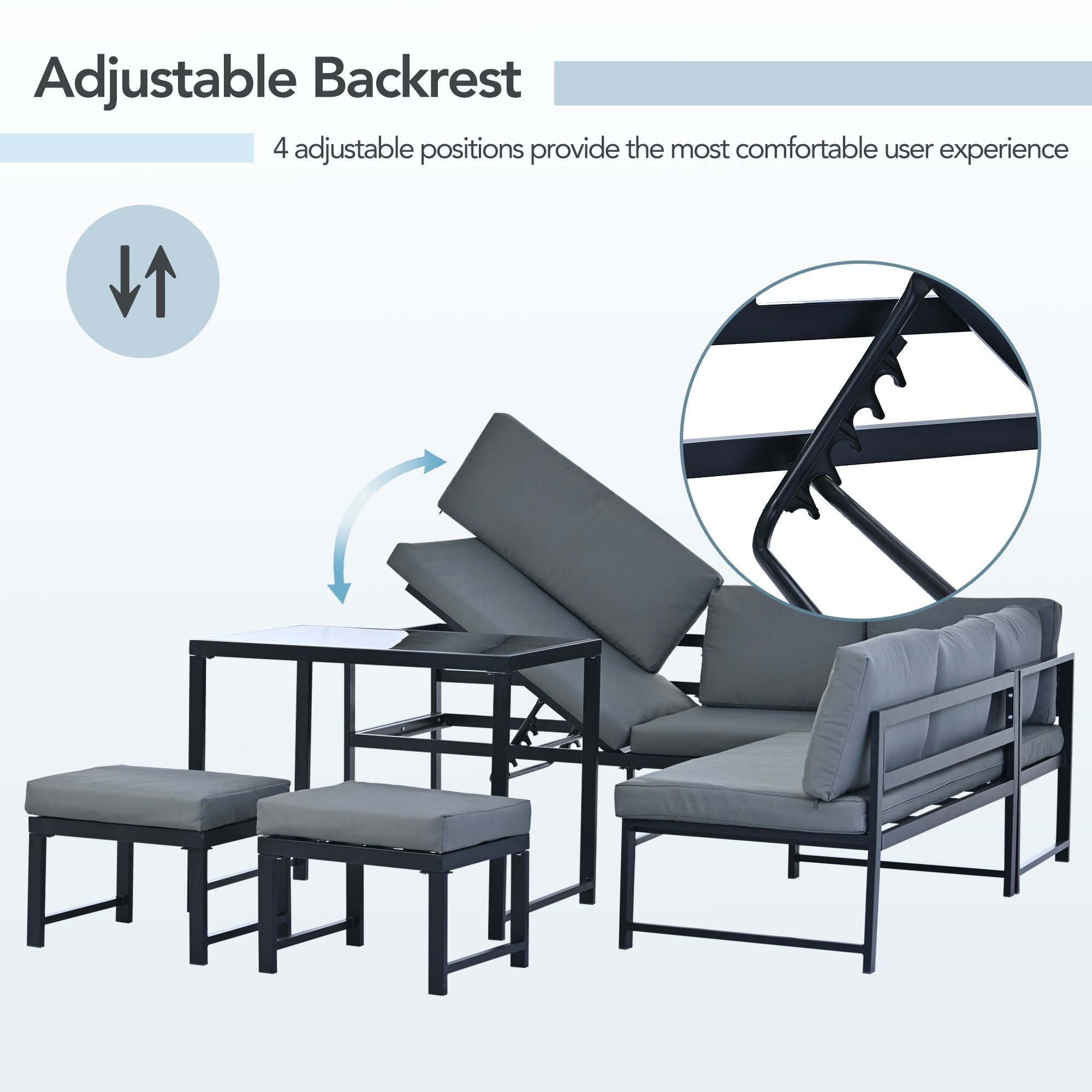 Garden Furniture Set, Aluminium seating group for garden balcony , with reclining function, 4th gear adjustable backrest, table with safety glass top, incl. soft seat and back cushions, Grey