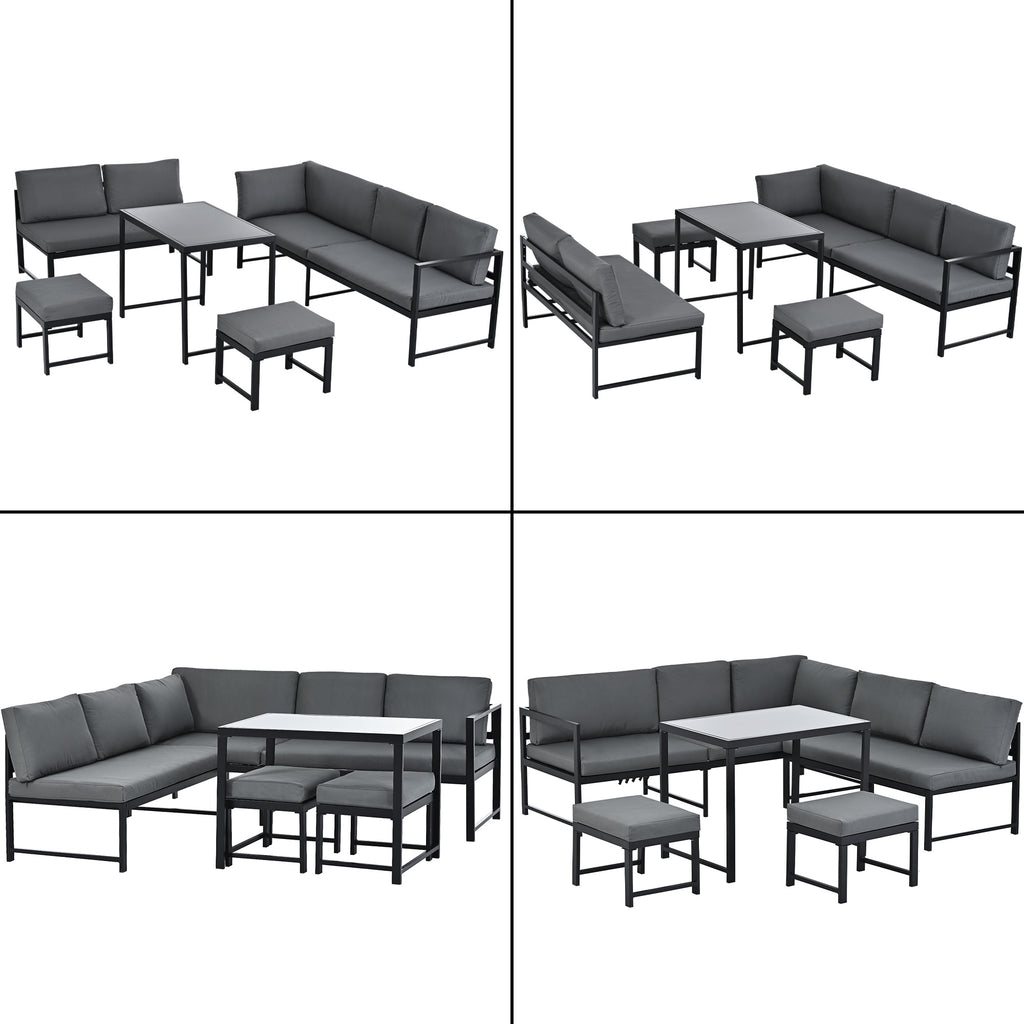 Garden Furniture Set, Aluminium seating group for garden balcony , with reclining function, 4th gear adjustable backrest, table with safety glass top, incl. soft seat and back cushions, Grey