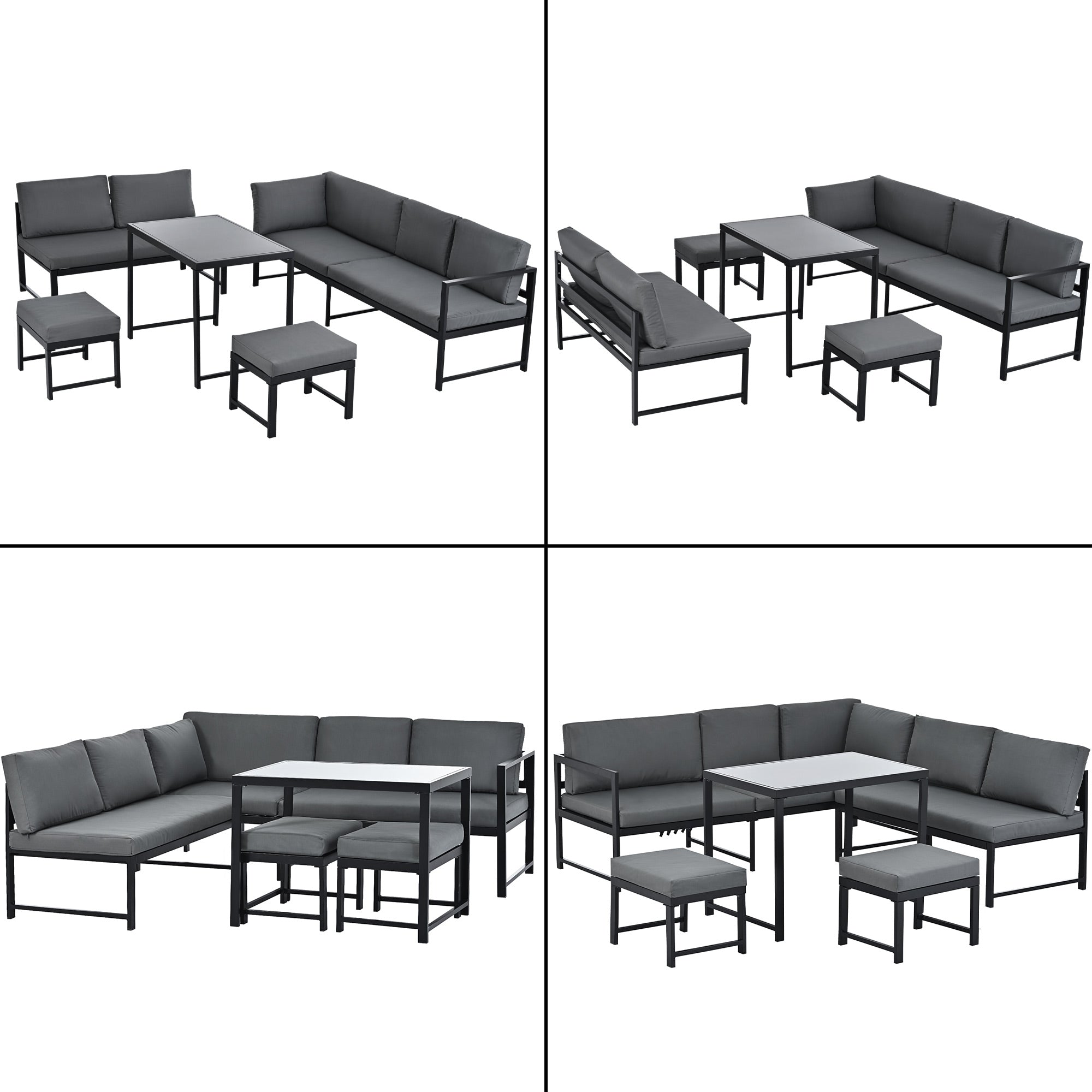 Garden Furniture Set, Aluminium seating group for garden balcony , with reclining function, 4th gear adjustable backrest, table with safety glass top, incl. soft seat and back cushions, Grey