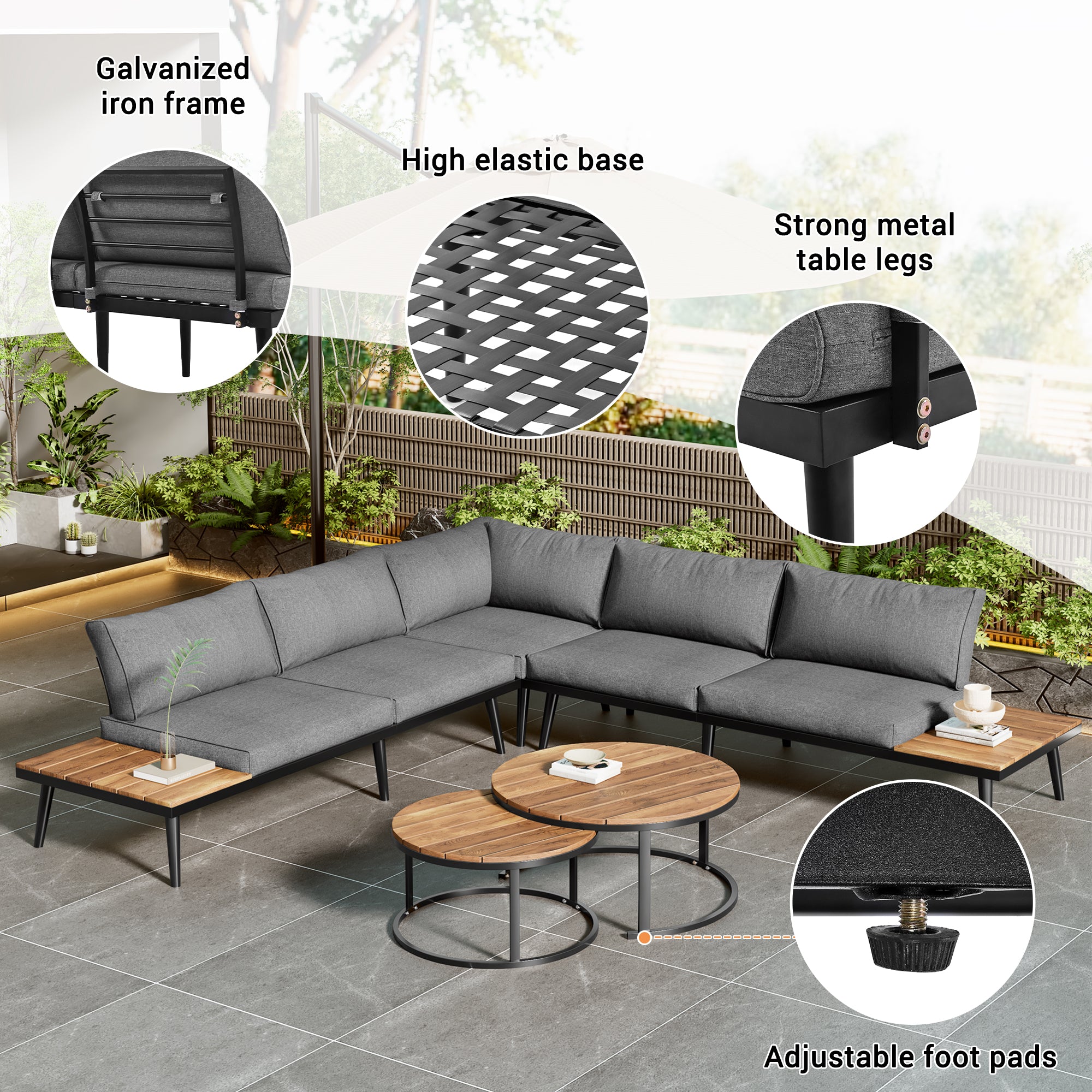 Garden lounge for 5-6 persons, garden furniture, terrace, balcony, garden, indoor and outdoor dining set, galvanized iron frame, 6 piece dining table set (2x2 seater sofa, 2x single chair, 2x table)