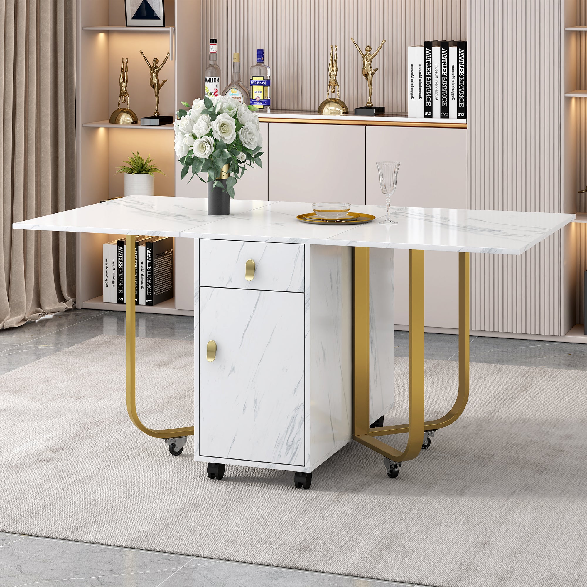Folding dining table (1 piece) with cupboard and 2 drawers, folding kitchen utility table, space-saving dining table with 4 supporting legs on gliders (white/gold)