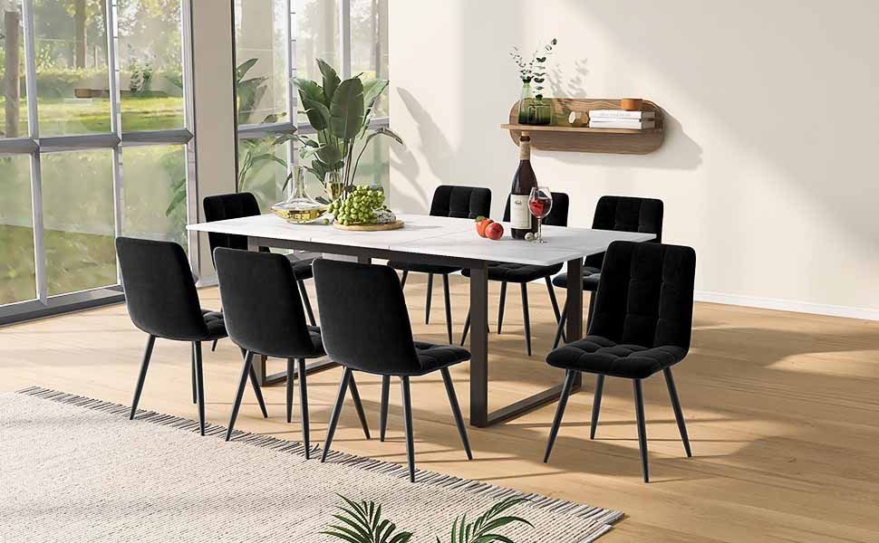 Dining table telescopic table, 140/180x80x75cm, iron metal legs & square tube legs (modern white MDF table top with marble patterns), dual use for home & office