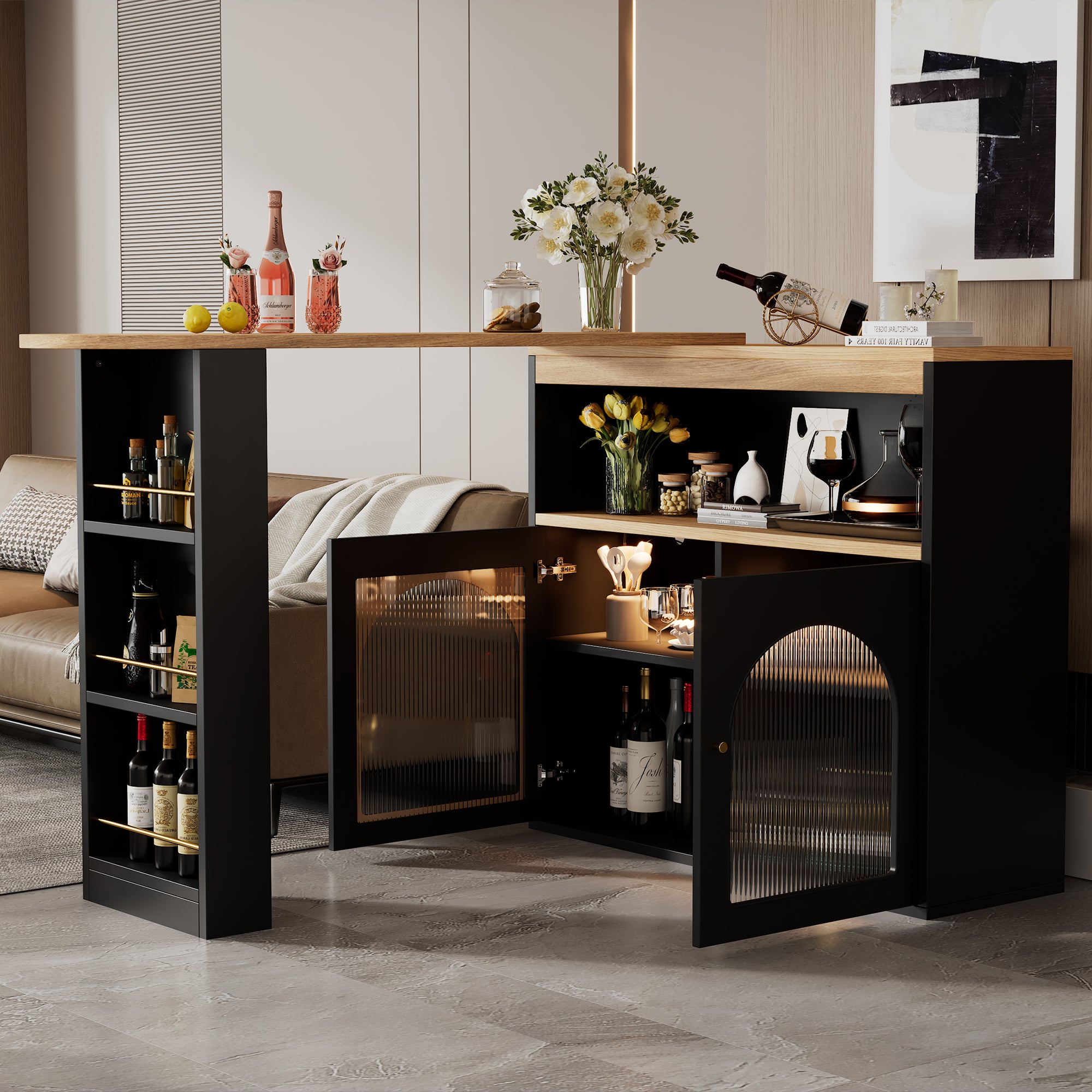 Modern Extendable Kitchen Island Table (138-193X39X105CM), Extendable Dining Table with Storage, Bar Bistro Table, Swivel, for Dining Room, with 1m LED Strip (Adjustable Light Colour),Schwarz