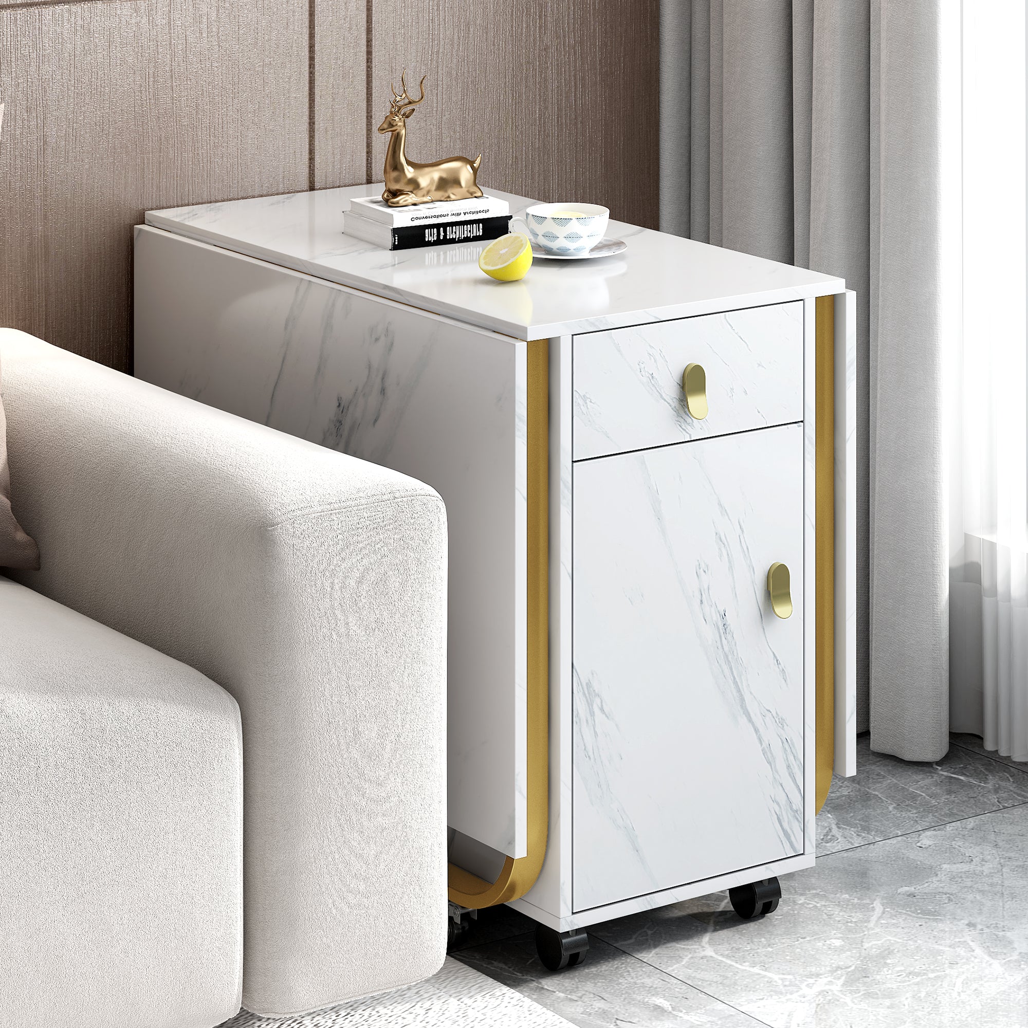 Folding dining table (1 piece) with cupboard and 2 drawers, folding kitchen utility table, space-saving dining table with 4 supporting legs on gliders (white/gold)