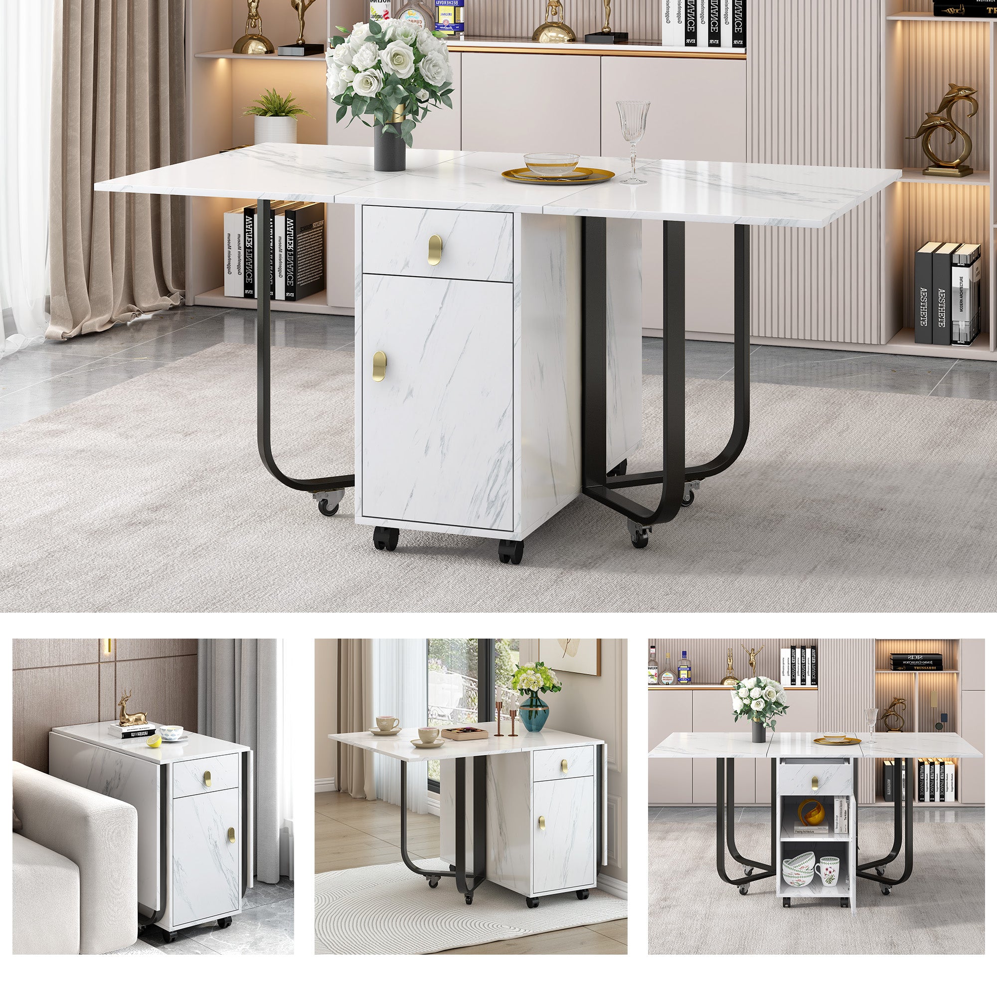 Folding dining table (1 piece) with cupboard and 2 drawers, folding kitchen utility table, space-saving dining table with 4 supporting legs on gliders (white/black)