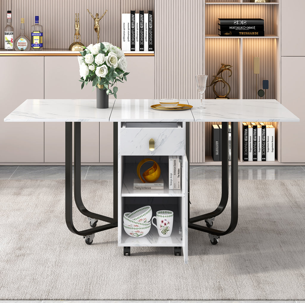 Folding dining table (1 piece) with cupboard and 2 drawers, folding kitchen utility table, space-saving dining table with 4 supporting legs on gliders (white/black)