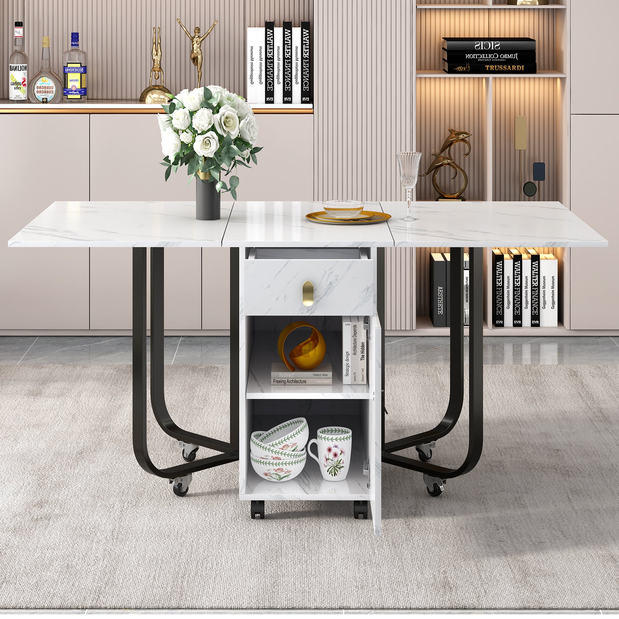 Folding dining table (1 piece) with cupboard and 2 drawers, folding kitchen utility table, space-saving dining table with 4 supporting legs on gliders (white/black)