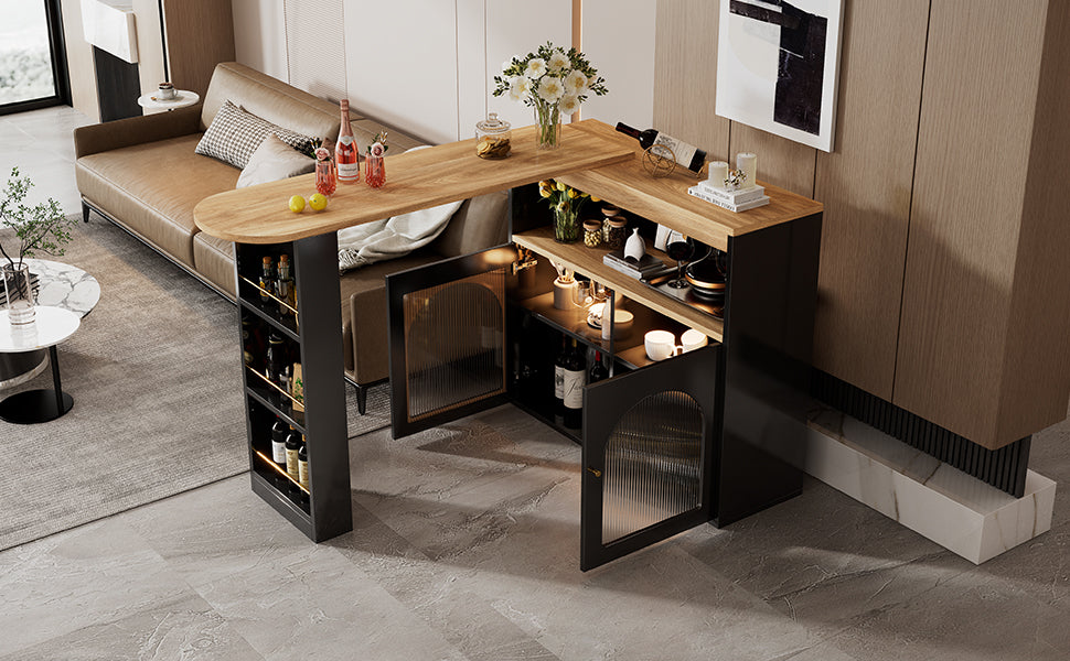 Modern Extendable Kitchen Island Table (138-193X39X105CM), Extendable Dining Table with Storage, Bar Bistro Table, Swivel, for Dining Room, with 1m LED Strip (Adjustable Light Colour),Schwarz