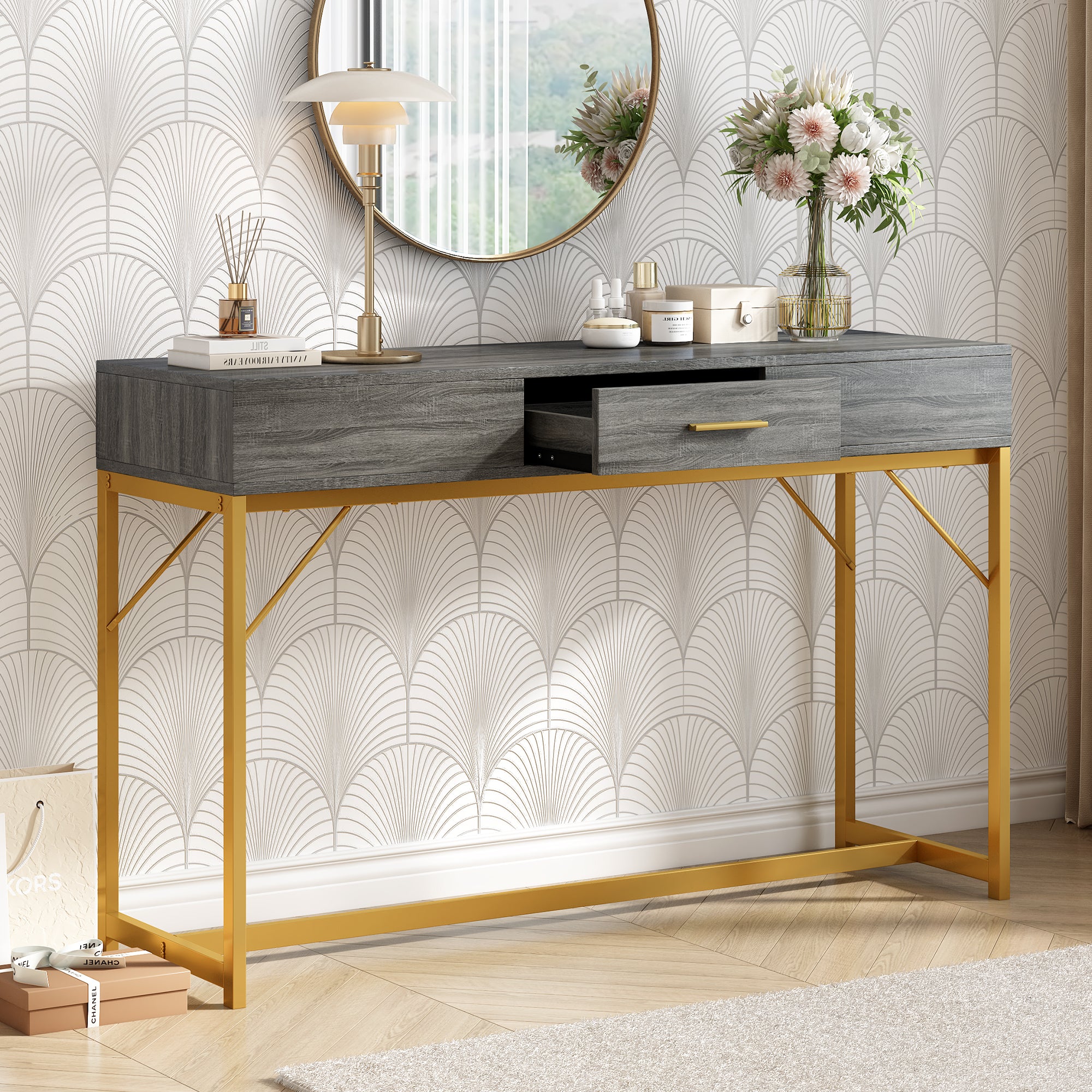 Console table, hallway table with 1 drawer, light luxury style side table, sofa table, 120x38x76 cm, gray/gold