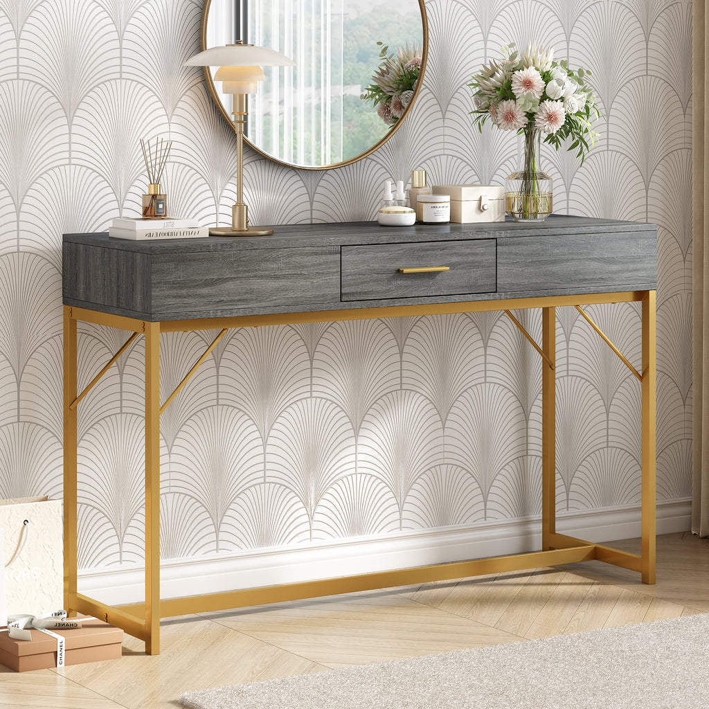 Console table, hallway table with 1 drawer, light luxury style side table, sofa table, 120x38x76 cm, gray/gold