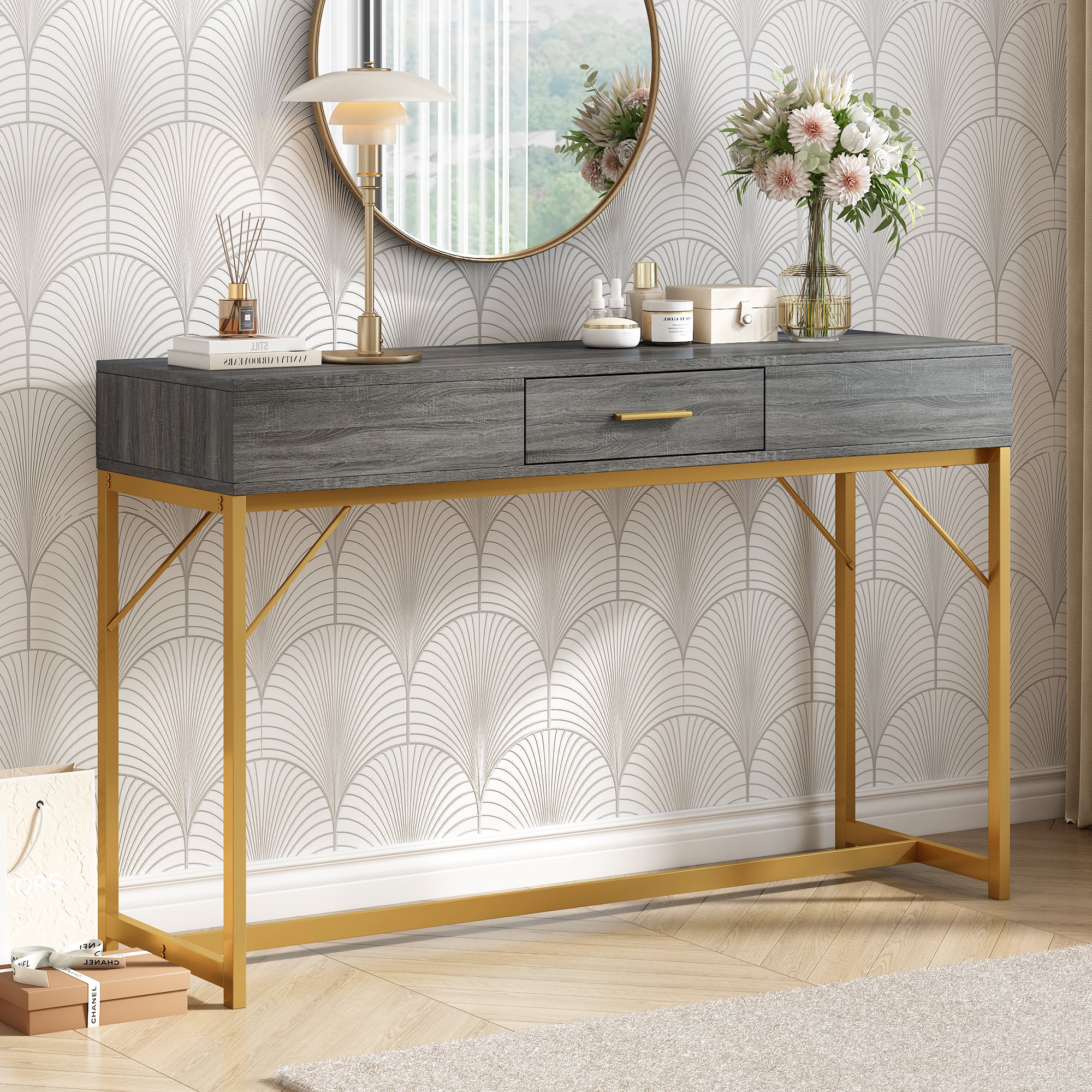 Console table, hallway table with 1 drawer, light luxury style side table, sofa table, 120x38x76 cm, gray/gold