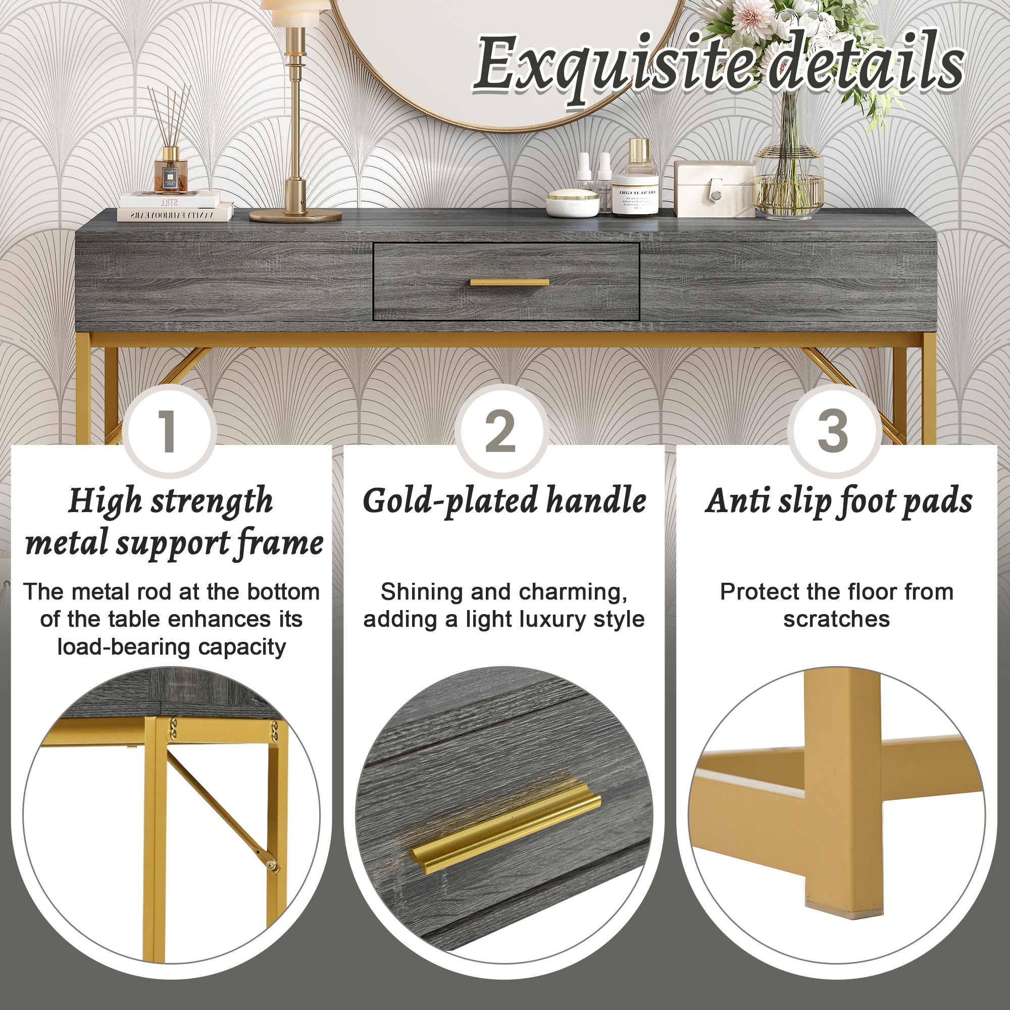 Console table, hallway table with 1 drawer, light luxury style side table, sofa table, 120x38x76 cm, gray/gold