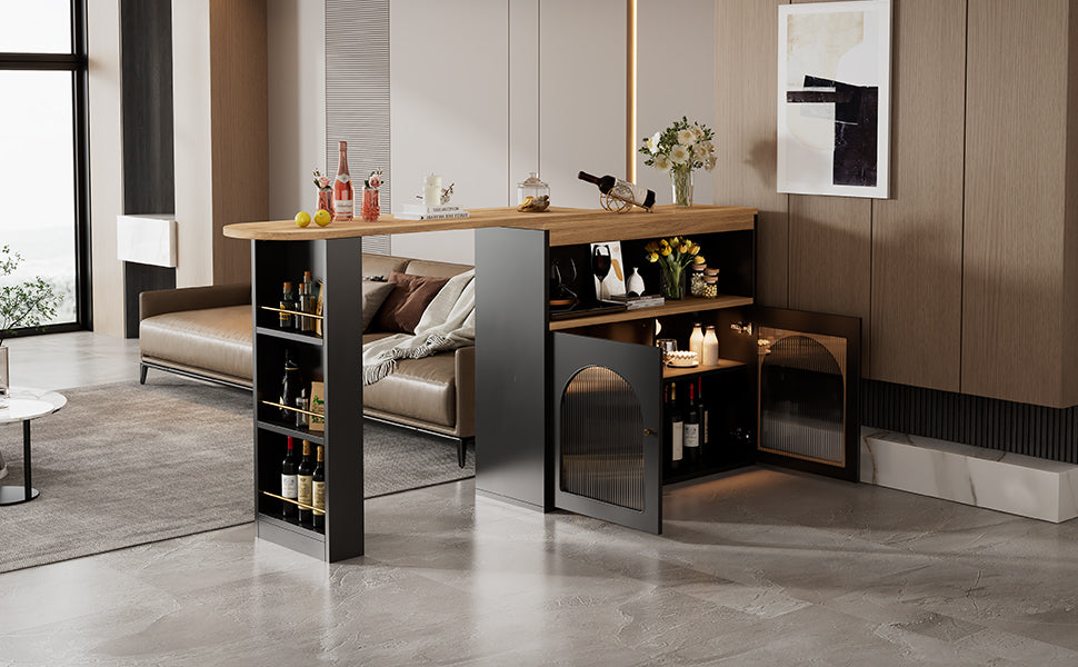 Modern Extendable Kitchen Island Table (138-193X39X105CM), Extendable Dining Table with Storage, Bar Bistro Table, Swivel, for Dining Room, with 1m LED Strip (Adjustable Light Colour),Schwarz