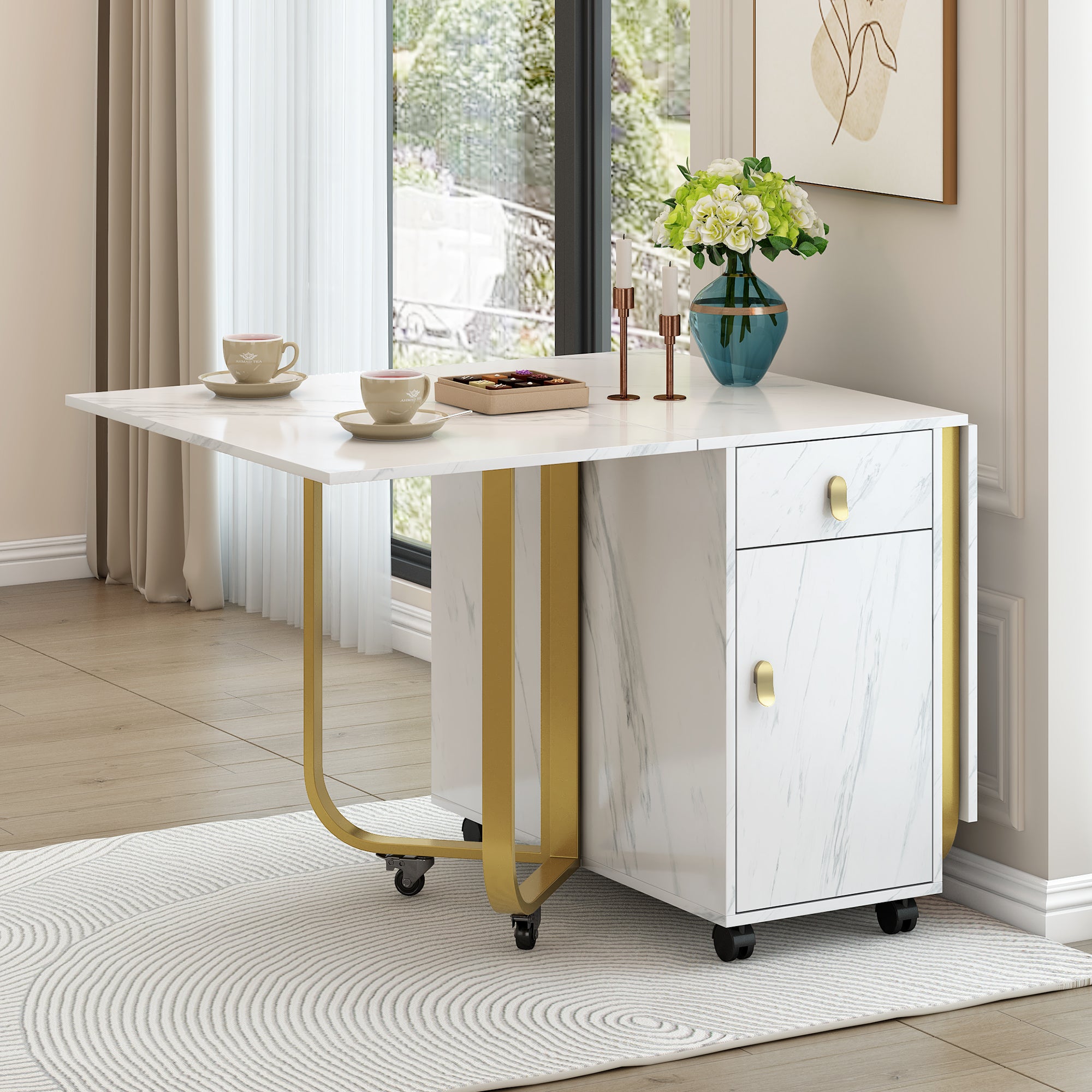 Folding dining table (1 piece) with cupboard and 2 drawers, folding kitchen utility table, space-saving dining table with 4 supporting legs on gliders (white/gold)