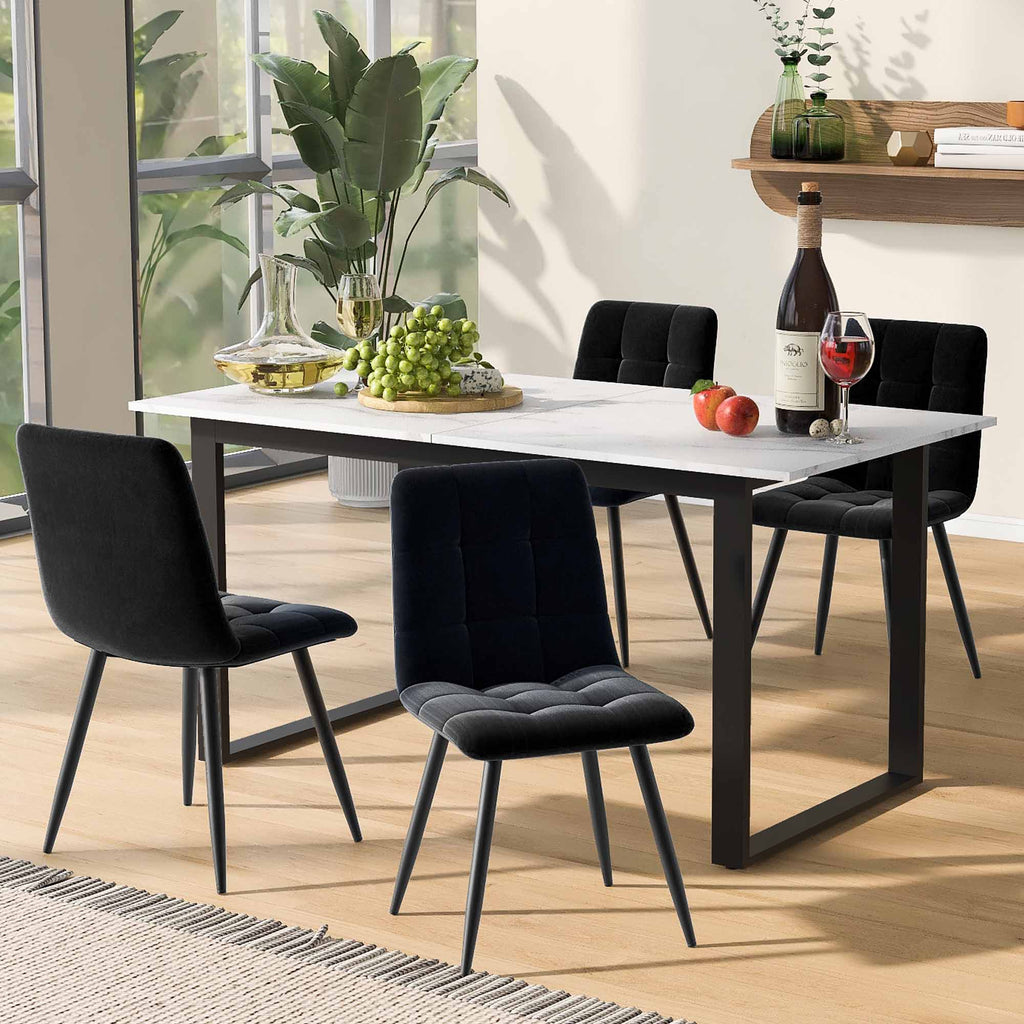 Dining table telescopic table, 140/180x80x75cm, iron metal legs & square tube legs (modern white MDF table top with marble patterns), dual use for home & office