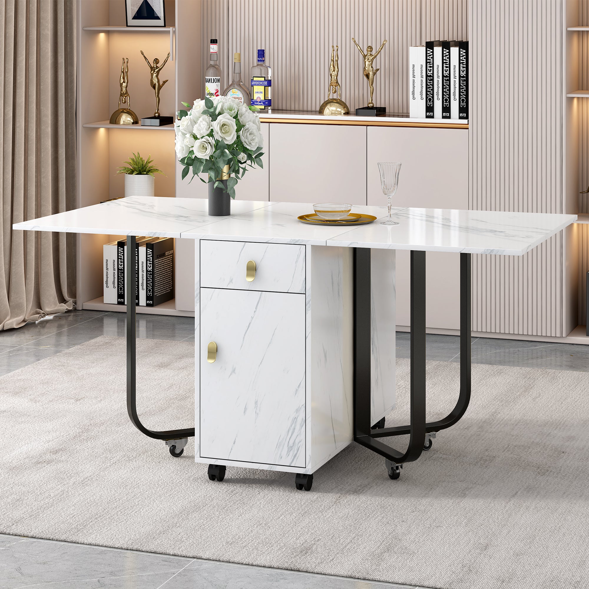 Folding dining table (1 piece) with cupboard and 2 drawers, folding kitchen utility table, space-saving dining table with 4 supporting legs on gliders (white/black)