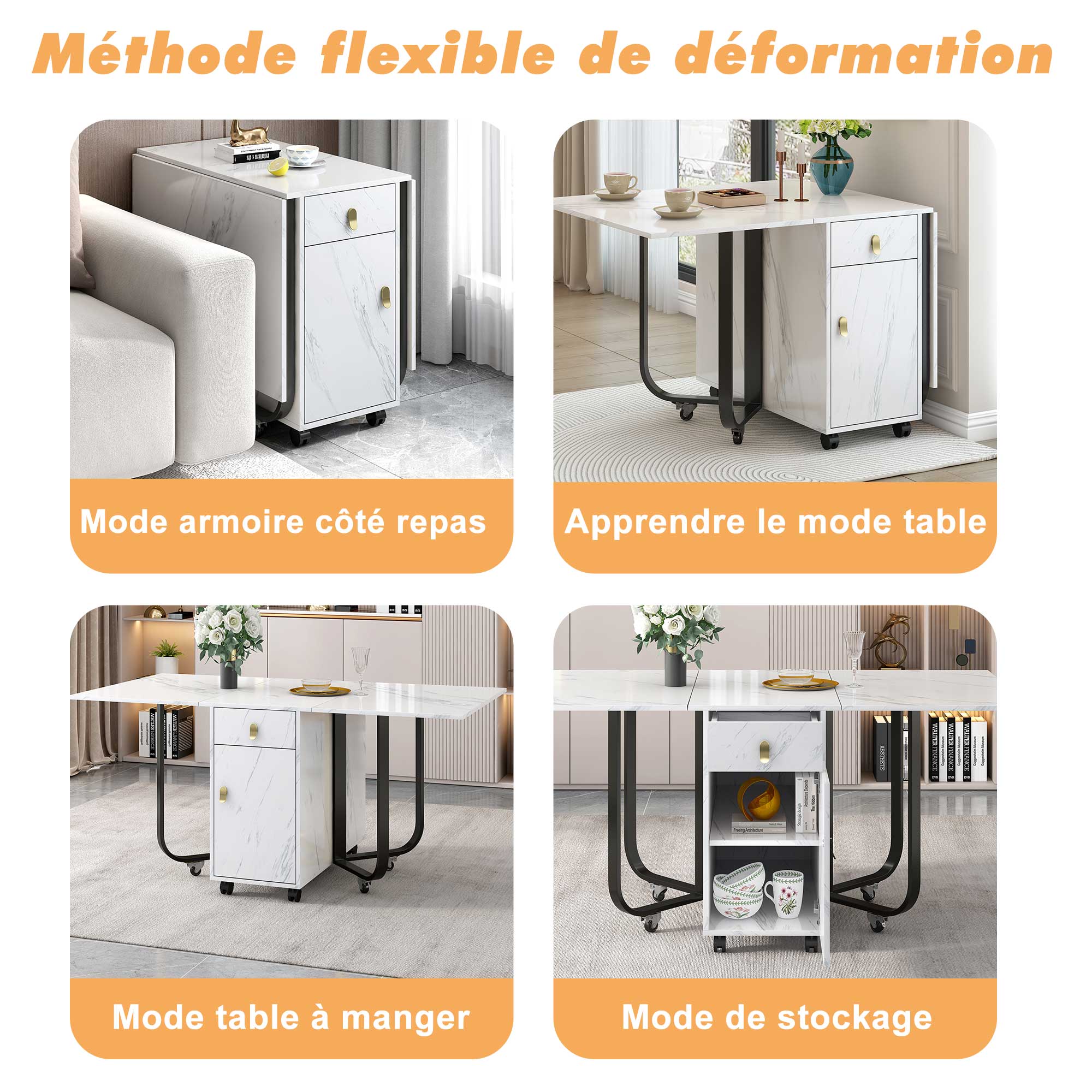 Folding dining table (1 piece) with cupboard and 2 drawers, folding kitchen utility table, space-saving dining table with 4 supporting legs on gliders (white/black)