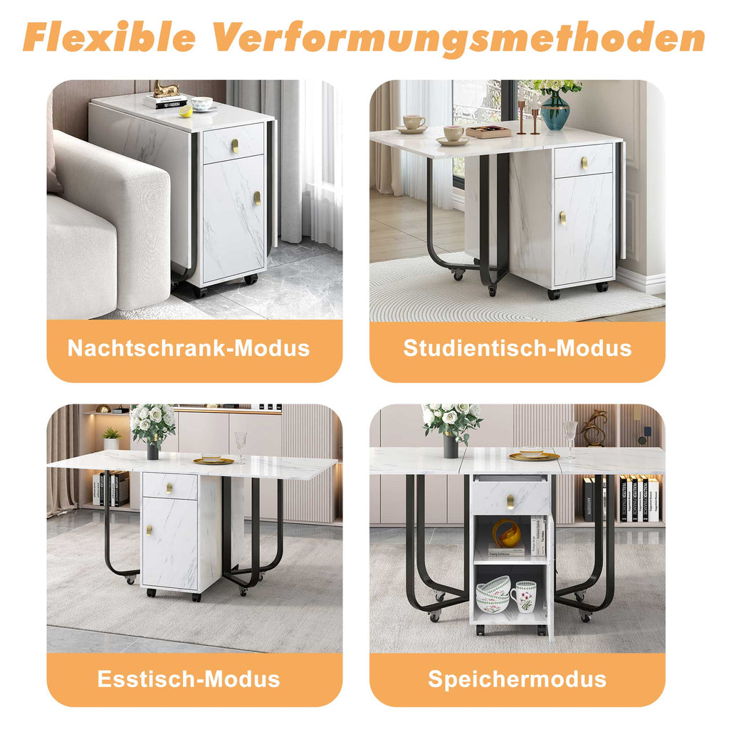 Folding dining table (1 piece) with cupboard and 2 drawers, folding kitchen utility table, space-saving dining table with 4 supporting legs on gliders (white/black)