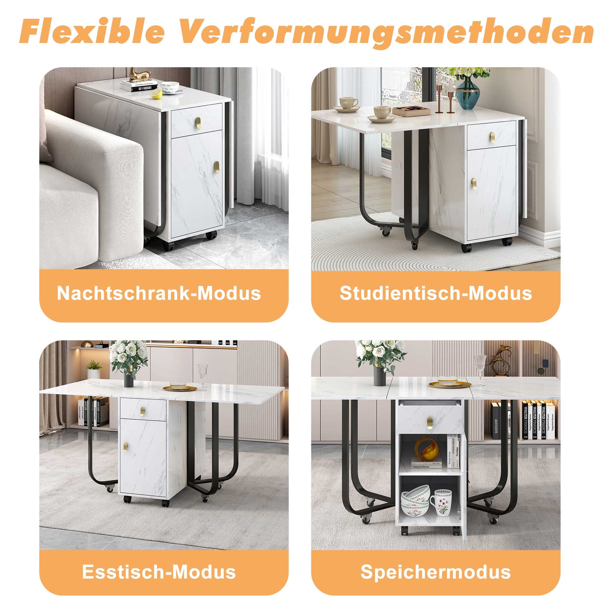 Folding dining table (1 piece) with cupboard and 2 drawers, folding kitchen utility table, space-saving dining table with 4 supporting legs on gliders (white/black)