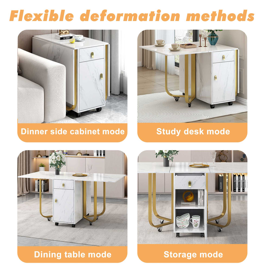 Folding dining table (1 piece) with cupboard and 2 drawers, folding kitchen utility table, space-saving dining table with 4 supporting legs on gliders (white/gold)