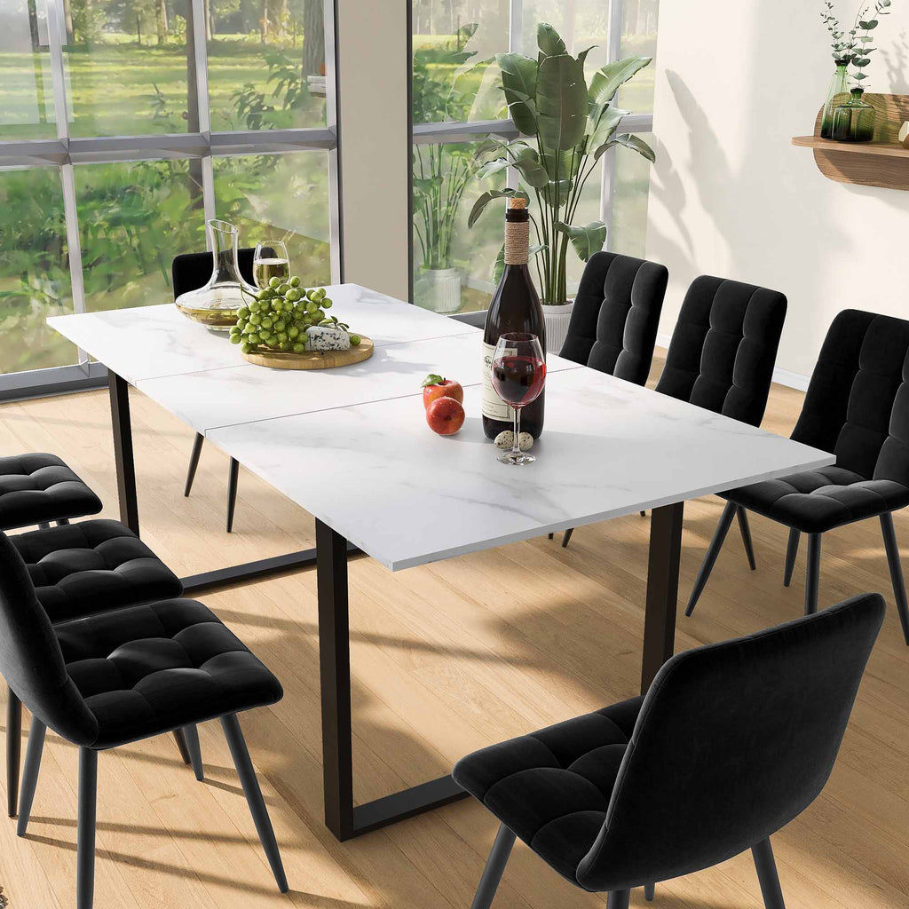 Dining table telescopic table, 140/180x80x75cm, iron metal legs & square tube legs (modern white MDF table top with marble patterns), dual use for home & office