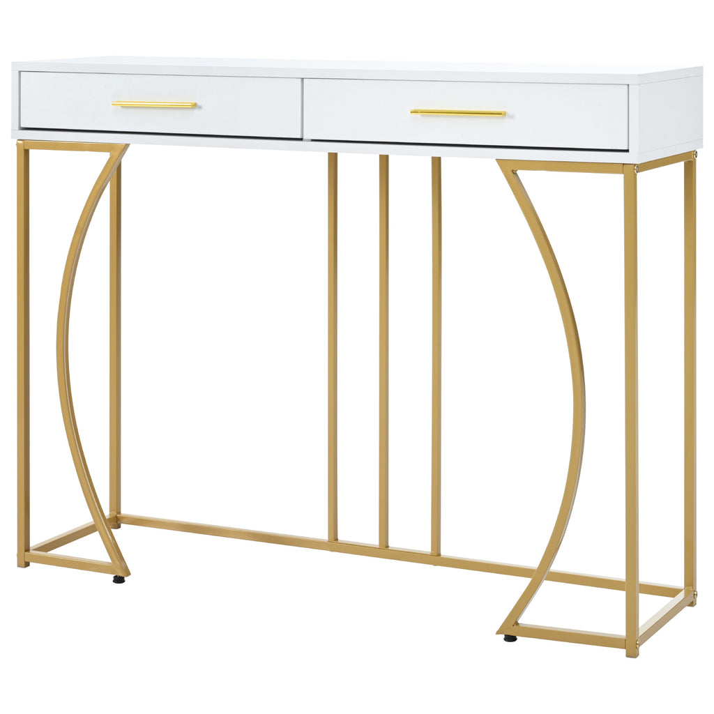 Console table, hallway table with 2 drawers, light luxury style side table, sofa table, 110x32x85 cm, white/gold