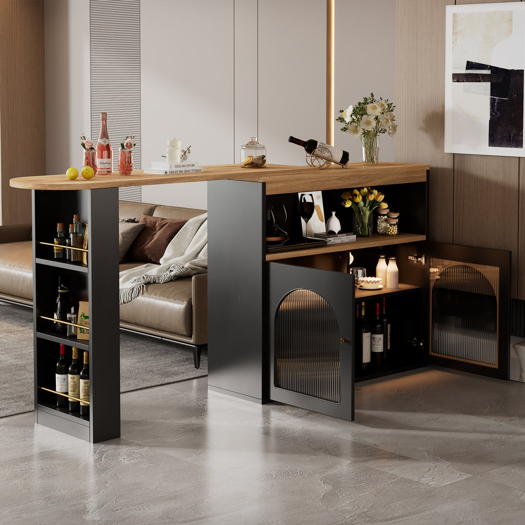 Modern Extendable Kitchen Island Table (138-193X39X105CM), Extendable Dining Table with Storage, Bar Bistro Table, Swivel, for Dining Room, with 1m LED Strip (Adjustable Light Colour),Schwarz