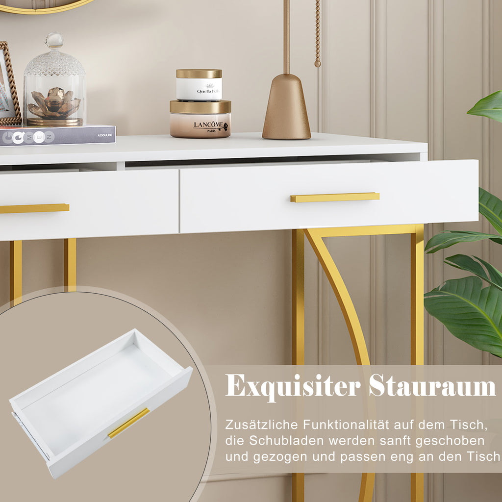 Console table, hallway table with 2 drawers, light luxury style side table, sofa table, 110x32x85 cm, white/gold