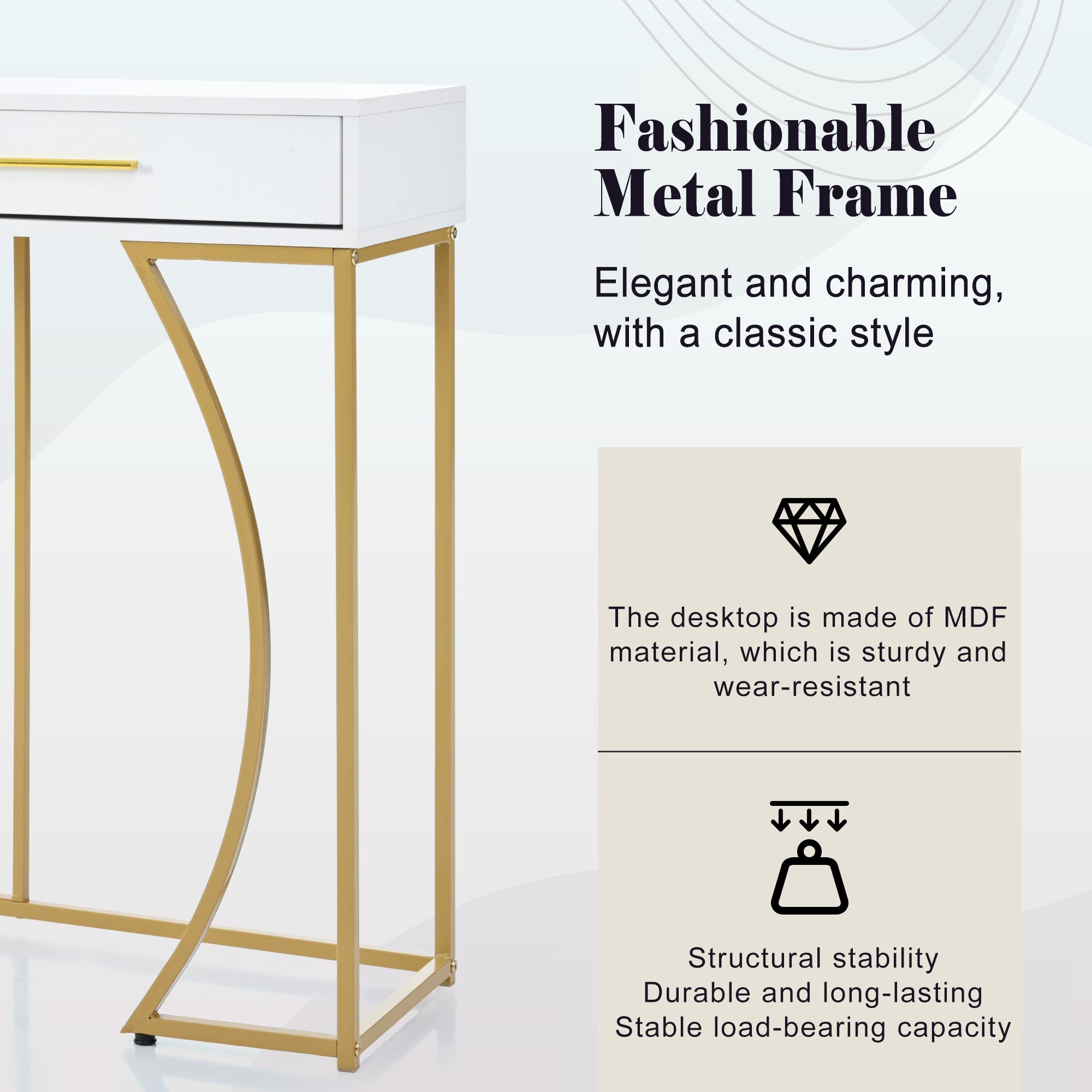 Console table, hallway table with 2 drawers, light luxury style side table, sofa table, 110x32x85 cm, white/gold