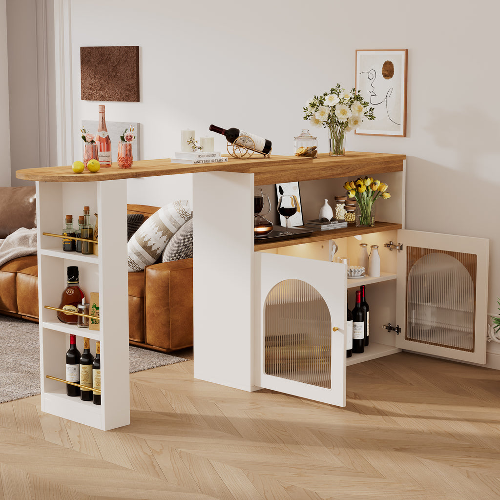 Modern Extendable Kitchen Island Table (138-193X39X105CM), Extendable Dining Table with Storage, Bar Bistro Table, Swivel, for Dining Room, with 1m LED Strip (Adjustable Light Colour), White
