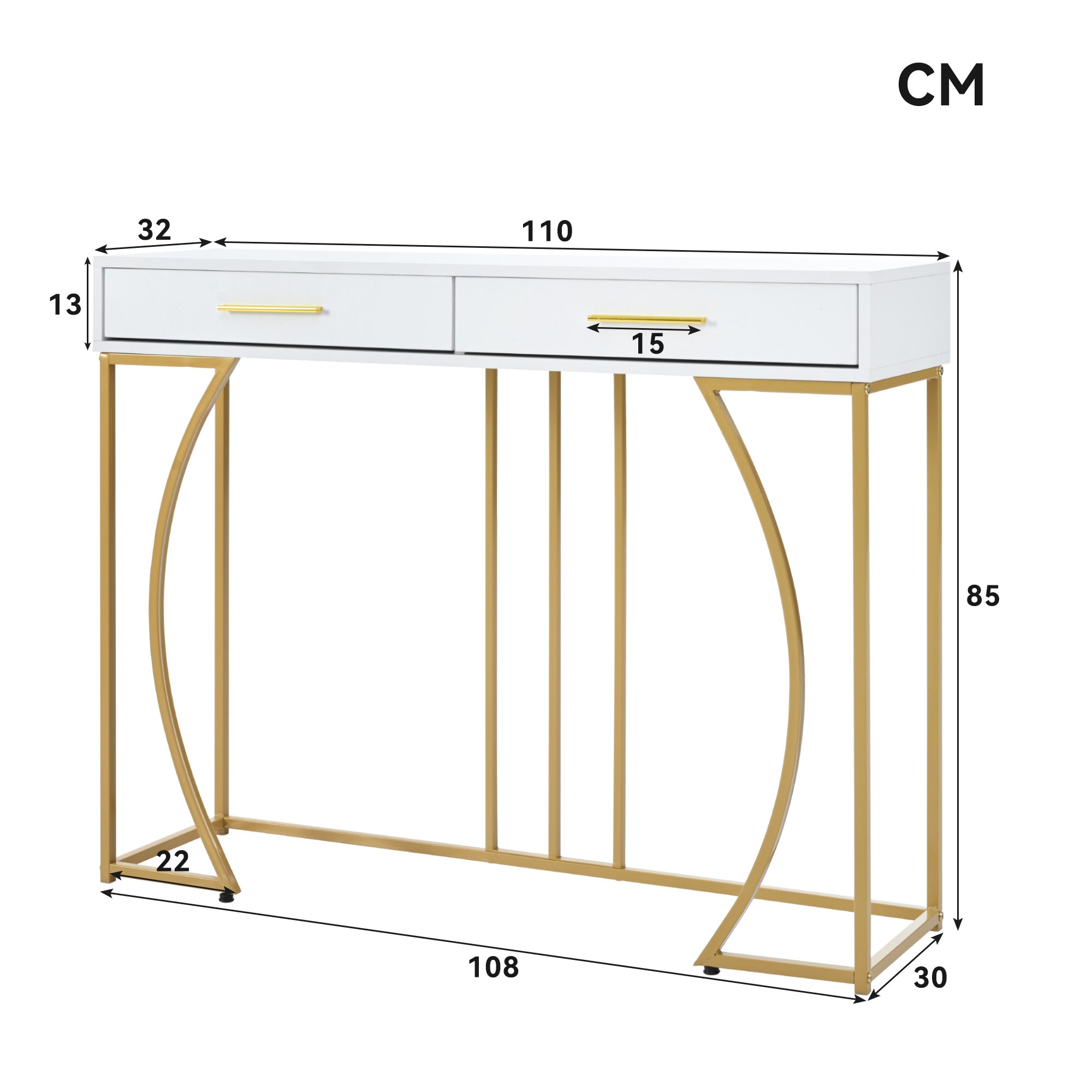 Console table, hallway table with 2 drawers, light luxury style side table, sofa table, 110x32x85 cm, white/gold