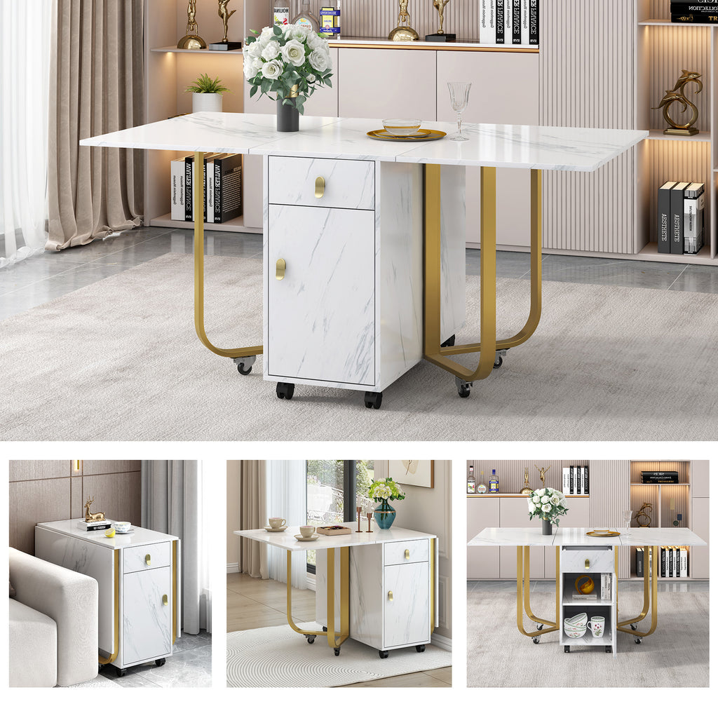 Folding dining table (1 piece) with cupboard and 2 drawers, folding kitchen utility table, space-saving dining table with 4 supporting legs on gliders (white/gold)
