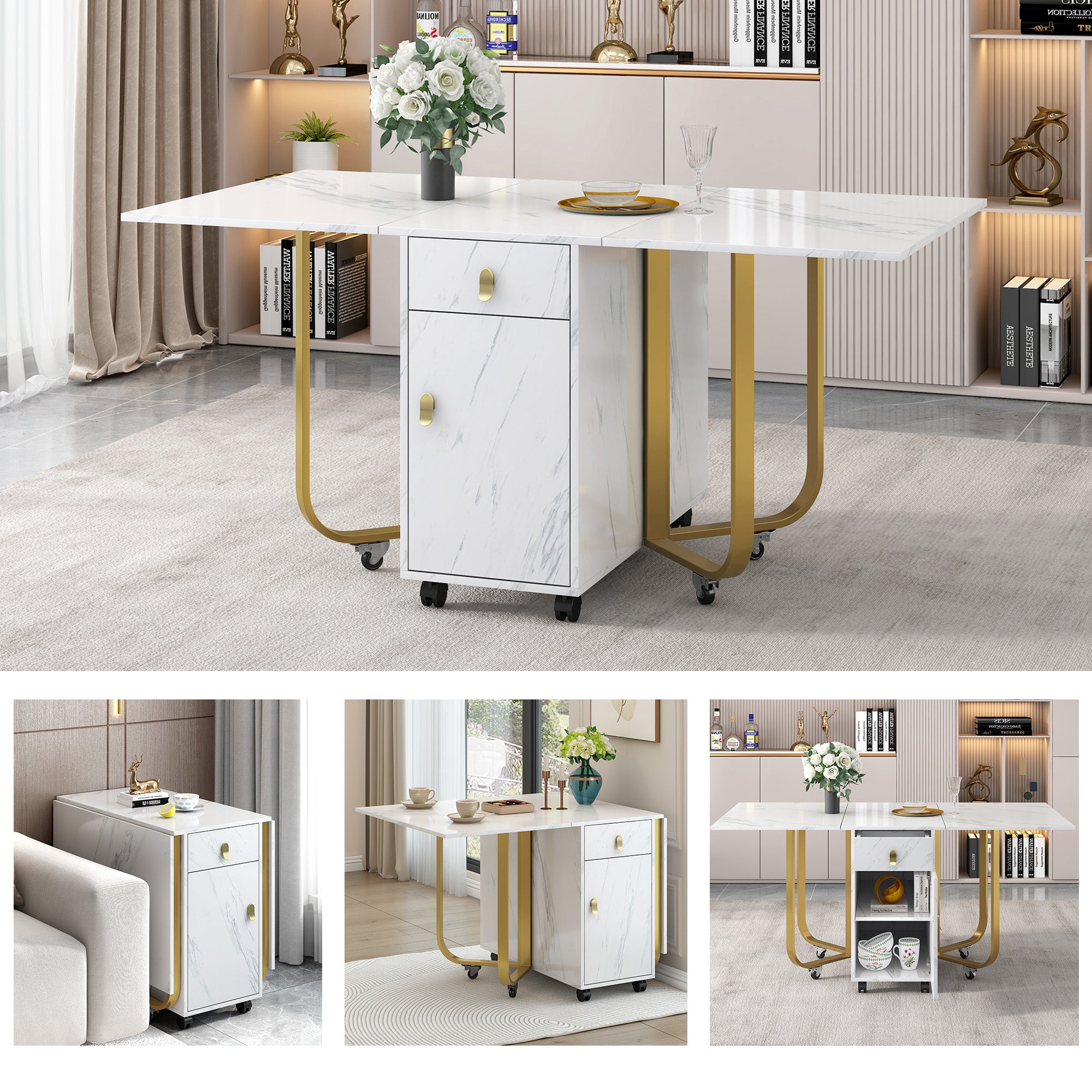 Folding dining table (1 piece) with cupboard and 2 drawers, folding kitchen utility table, space-saving dining table with 4 supporting legs on gliders (white/gold)