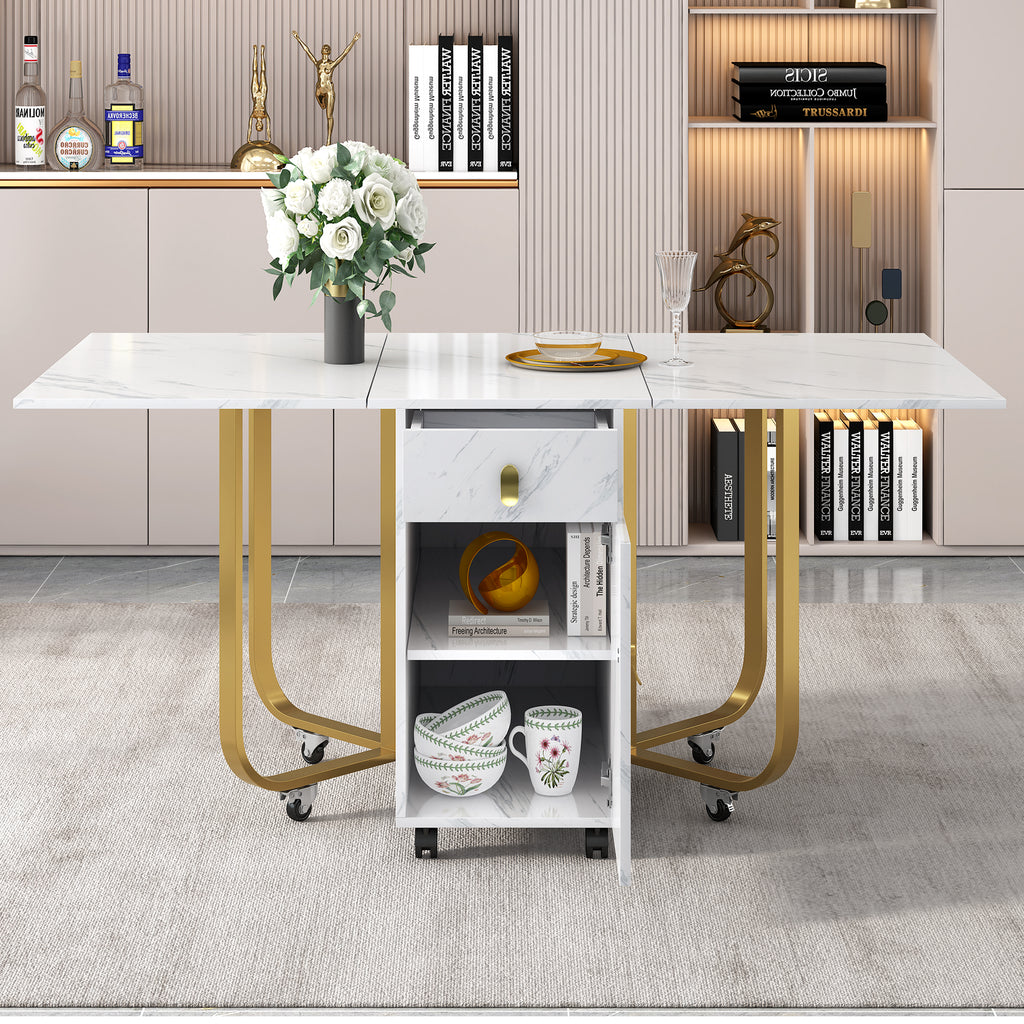 Folding dining table (1 piece) with cupboard and 2 drawers, folding kitchen utility table, space-saving dining table with 4 supporting legs on gliders (white/gold)