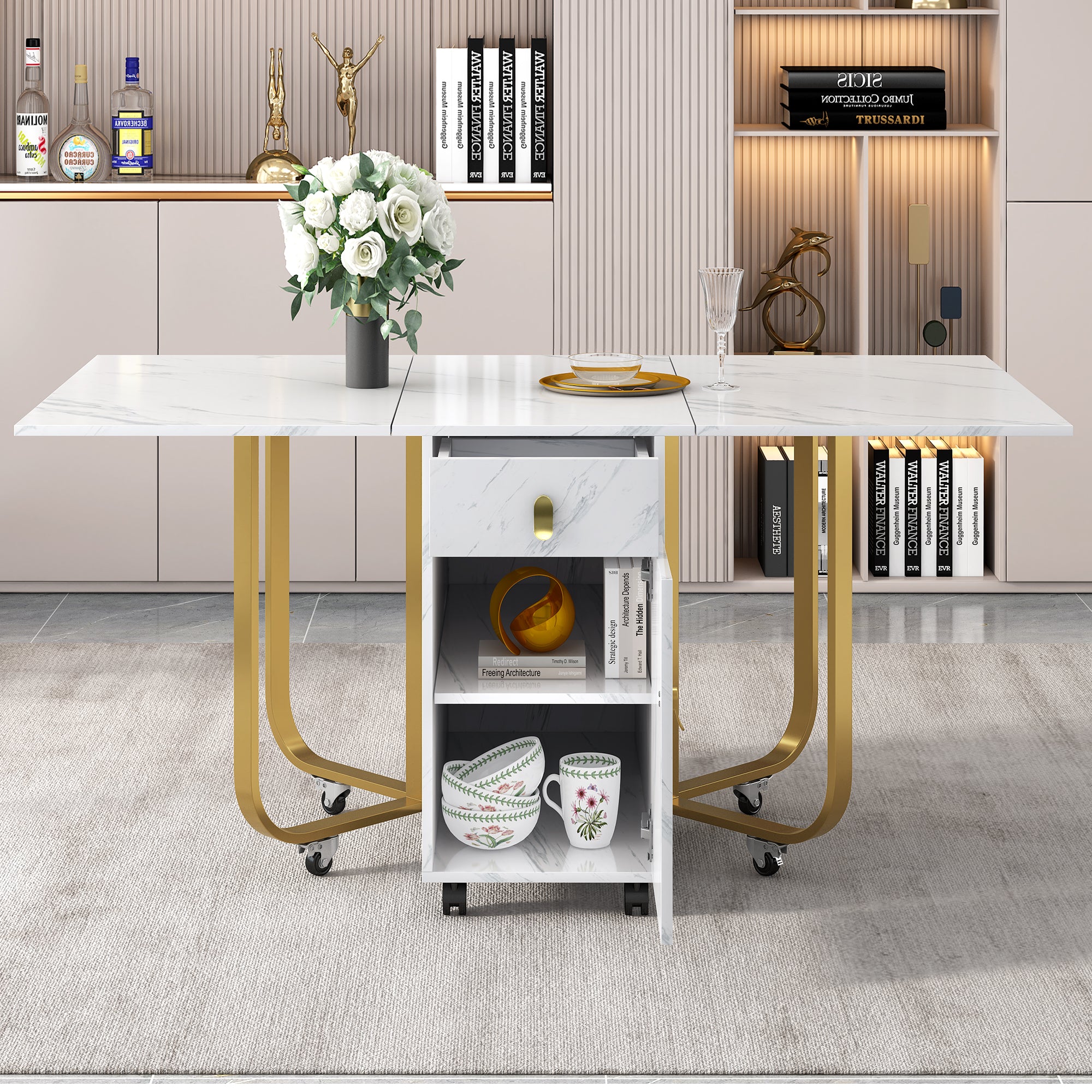 Folding dining table (1 piece) with cupboard and 2 drawers, folding kitchen utility table, space-saving dining table with 4 supporting legs on gliders (white/gold)