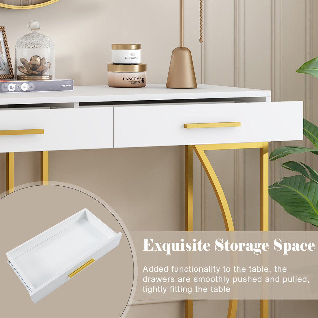 Console table, hallway table with 2 drawers, light luxury style side table, sofa table, 110x32x85 cm, white/gold