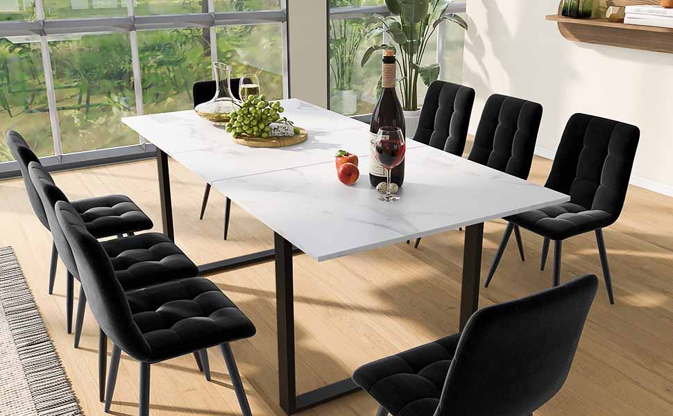 Dining table telescopic table, 140/180x80x75cm, iron metal legs & square tube legs (modern white MDF table top with marble patterns), dual use for home & office