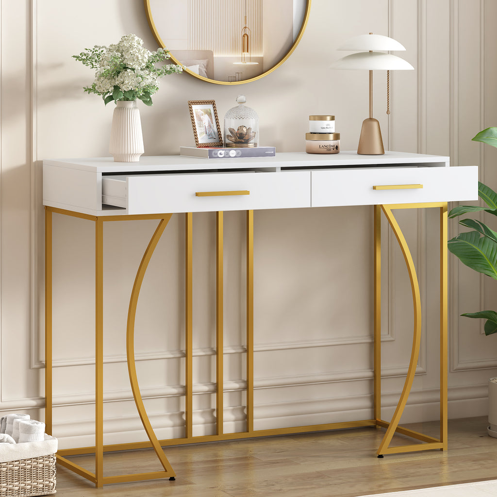 Console table, hallway table with 2 drawers, light luxury style side table, sofa table, 110x32x85 cm, white/gold