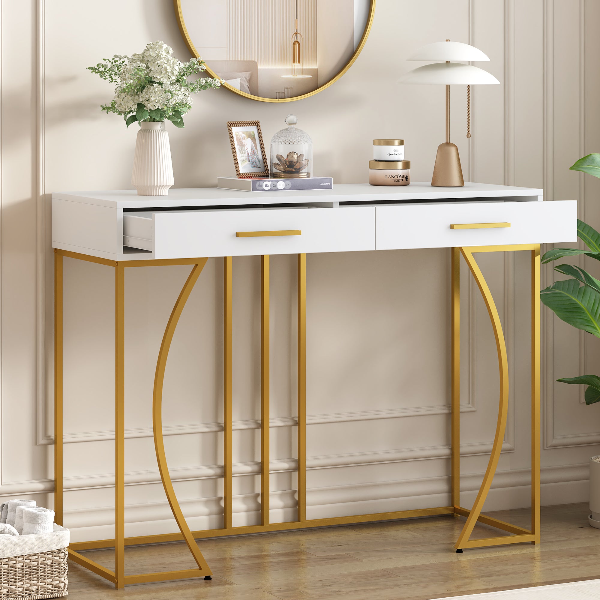 Console table, hallway table with 2 drawers, light luxury style side table, sofa table, 110x32x85 cm, white/gold