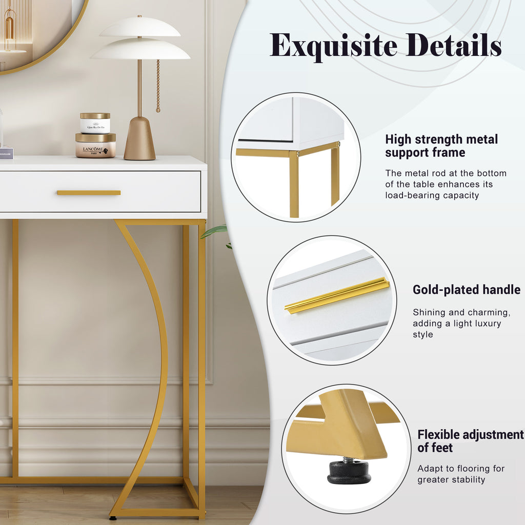 Console table, hallway table with 2 drawers, light luxury style side table, sofa table, 110x32x85 cm, white/gold