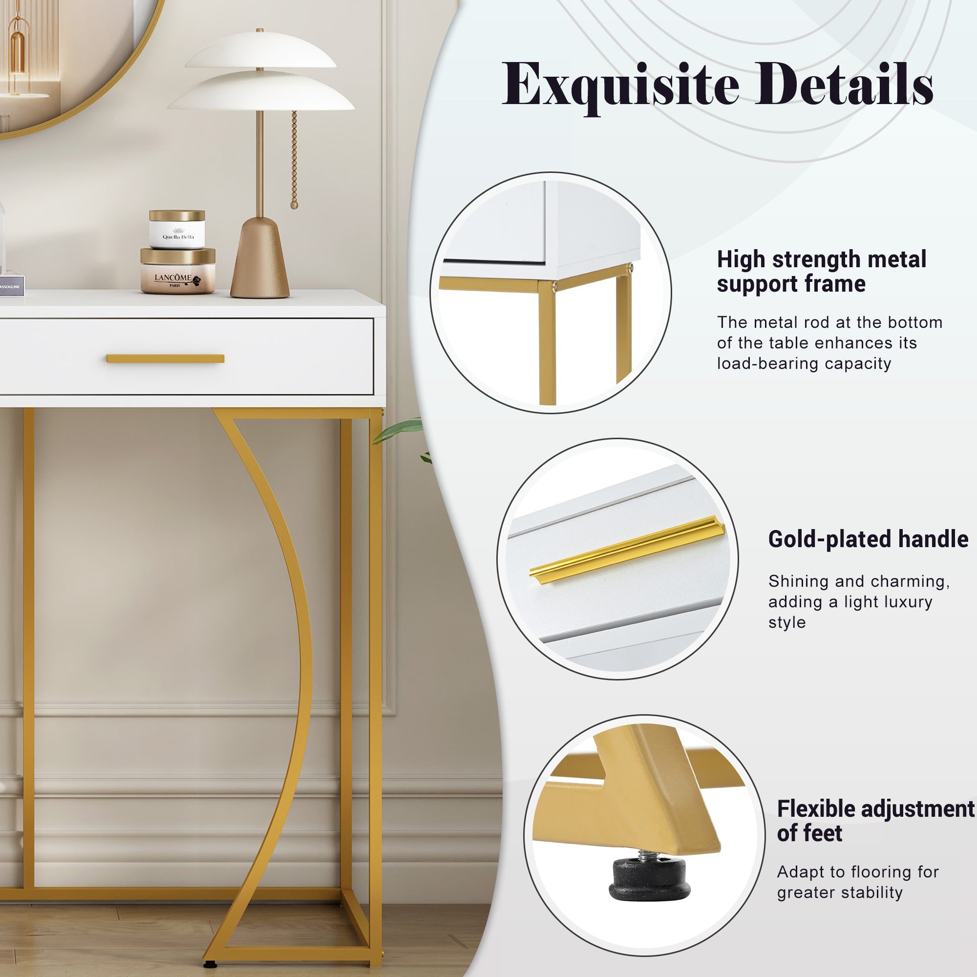 Console table, hallway table with 2 drawers, light luxury style side table, sofa table, 110x32x85 cm, white/gold