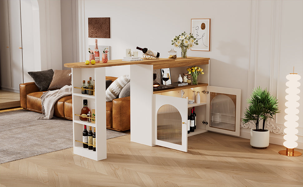 Modern Extendable Kitchen Island Table (138-193X39X105CM), Extendable Dining Table with Storage, Bar Bistro Table, Swivel, for Dining Room, with 1m LED Strip (Adjustable Light Colour), White