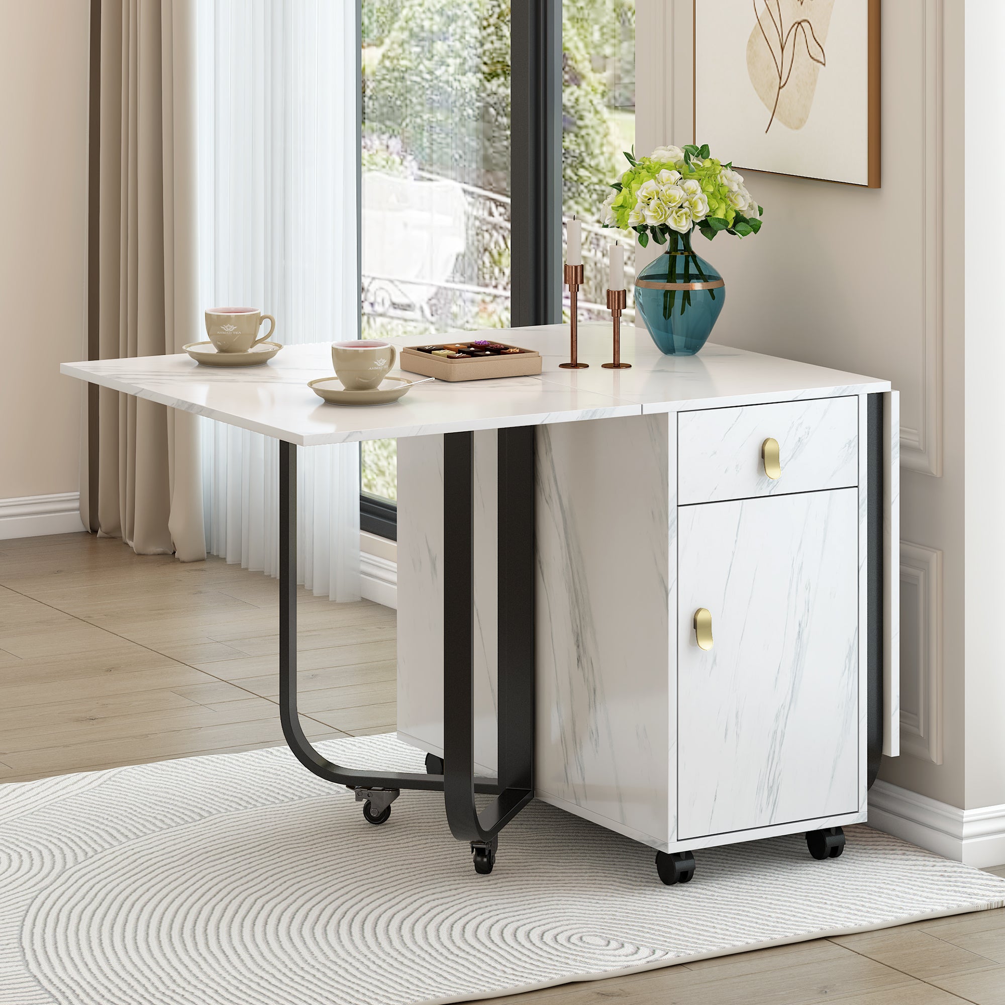 Folding dining table (1 piece) with cupboard and 2 drawers, folding kitchen utility table, space-saving dining table with 4 supporting legs on gliders (white/black)