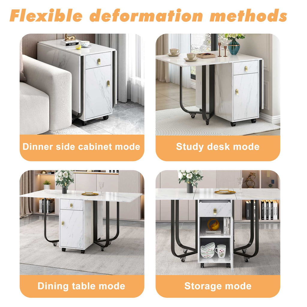 Folding dining table (1 piece) with cupboard and 2 drawers, folding kitchen utility table, space-saving dining table with 4 supporting legs on gliders (white/black)