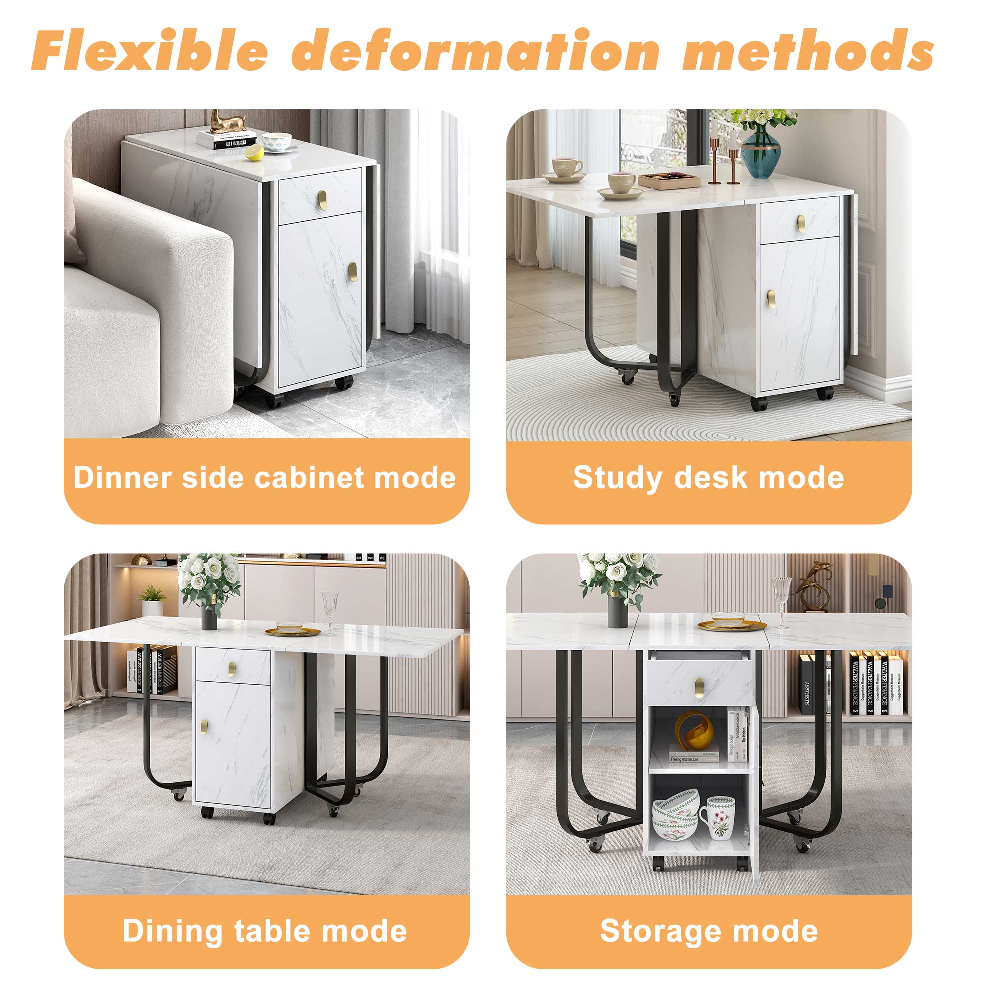 Folding dining table (1 piece) with cupboard and 2 drawers, folding kitchen utility table, space-saving dining table with 4 supporting legs on gliders (white/black)