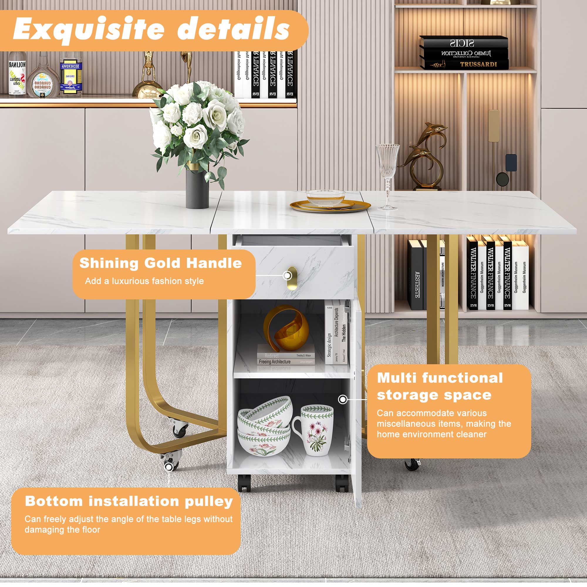 Folding dining table (1 piece) with cupboard and 2 drawers, folding kitchen utility table, space-saving dining table with 4 supporting legs on gliders (white/gold)