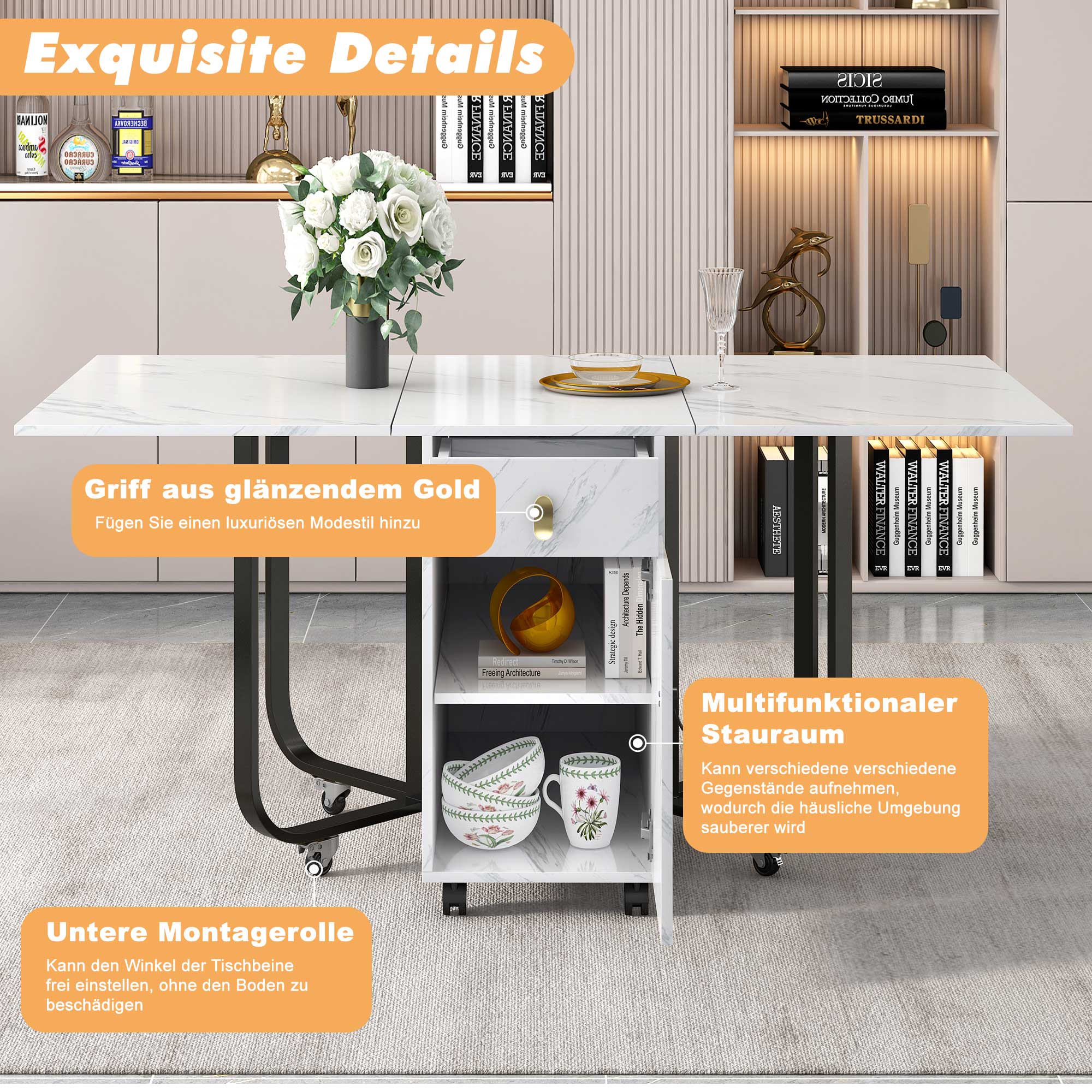 Folding dining table (1 piece) with cupboard and 2 drawers, folding kitchen utility table, space-saving dining table with 4 supporting legs on gliders (white/black)