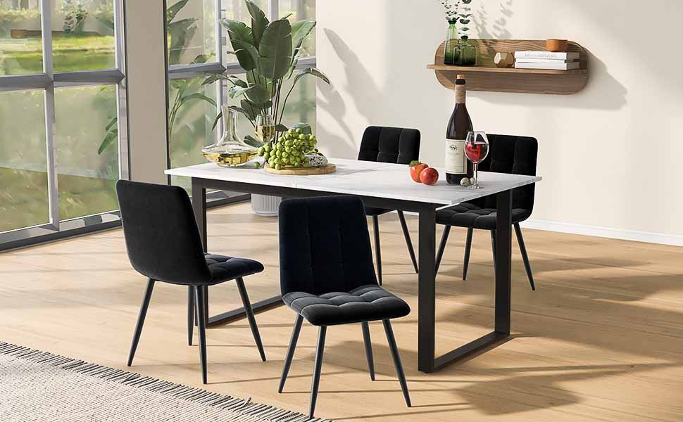 Dining table telescopic table, 140/180x80x75cm, iron metal legs & square tube legs (modern white MDF table top with marble patterns), dual use for home & office
